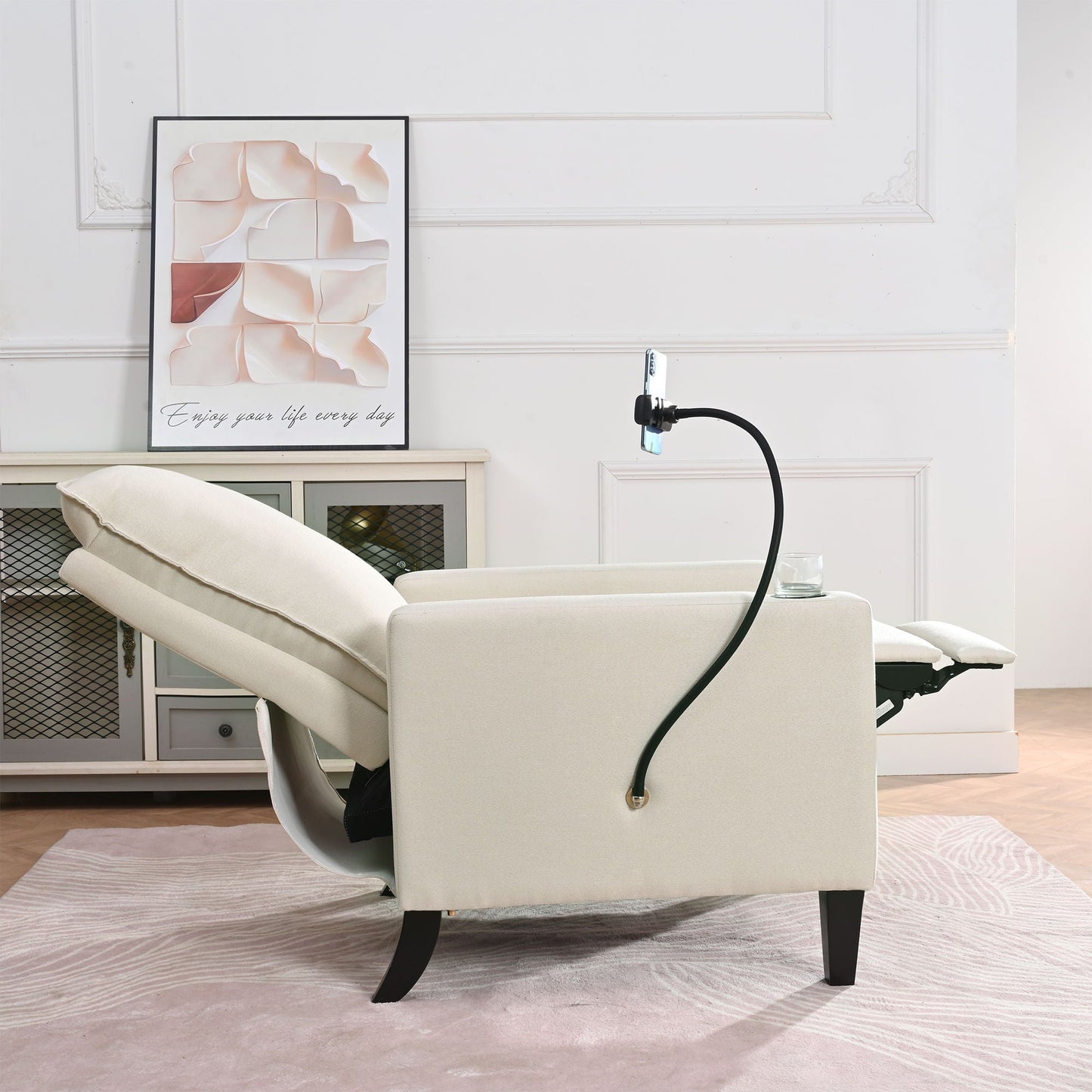Recliner chair beige fabric with black curved legs, modern HouseOfZazla recliner on Tampa Home & Garden Store
