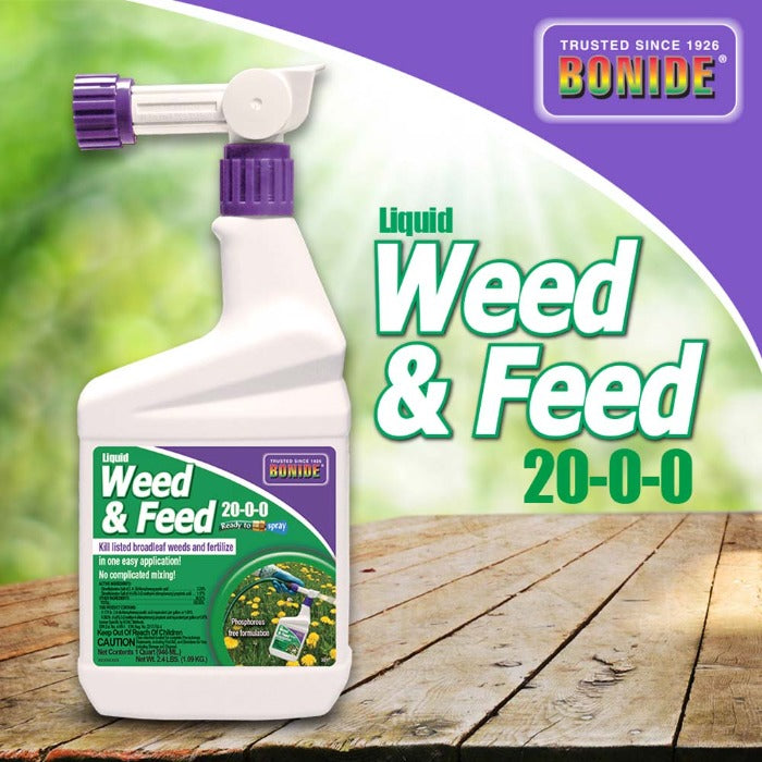 Bonide Weed-N-Feed 20-0-0 Ready-To-Spray liquid herbicide bottle with purple spray nozzle on Tampa Home & Garden Store