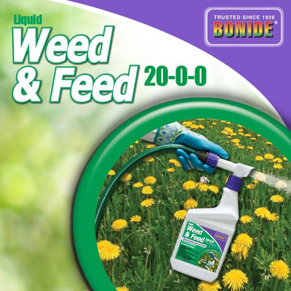 Bonide Weed-N-Feed 20-0-0 ready-to-spray liquid herbicide bottle with sprayer on green field on Tampa Home & Garden Store
