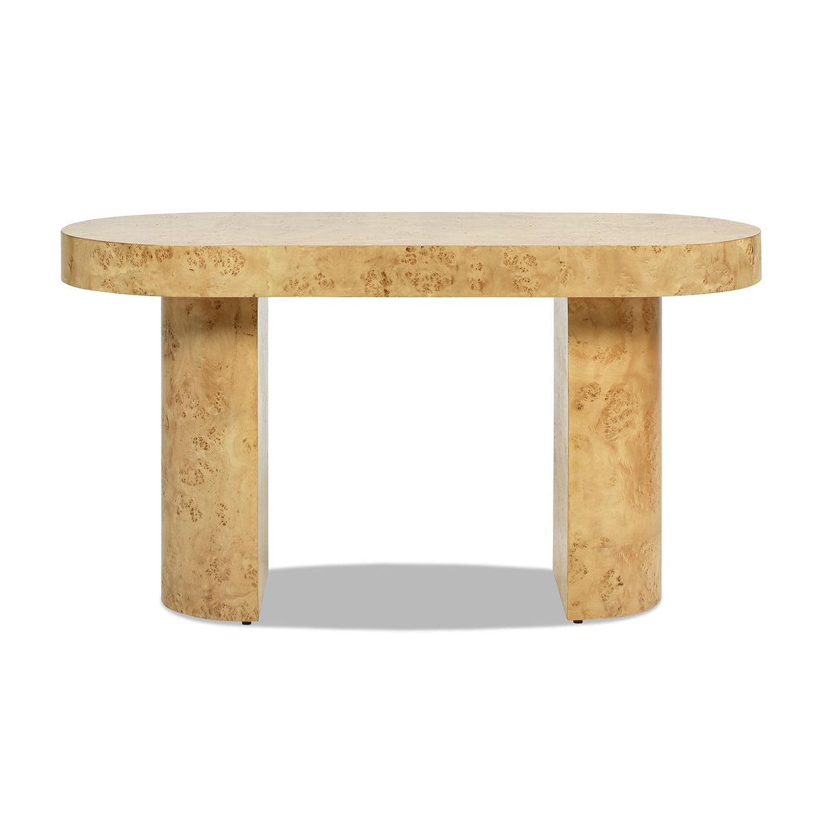 Oval Burl Wood Veneer Computer Desk with single drawer, light brown finish, two chunky legs on Tampa Home & Garden Store