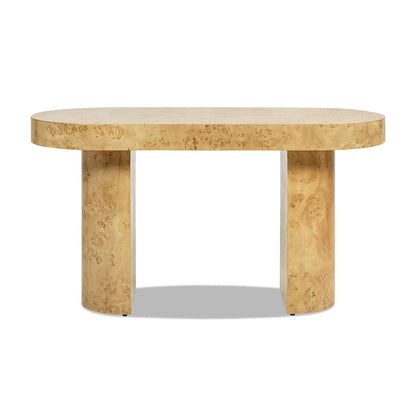 Oval Burl Wood Veneer Computer Desk with single drawer, light brown finish, two chunky legs on Tampa Home & Garden Store