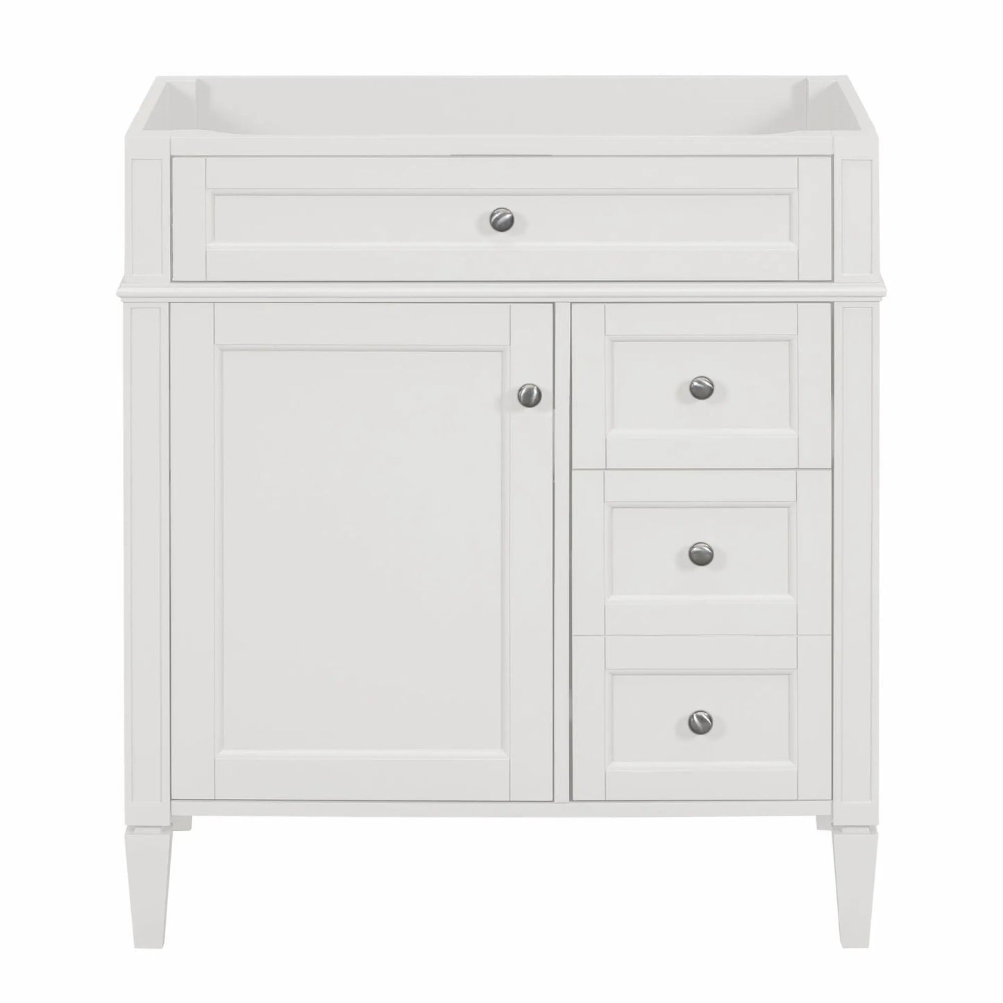 White bathroom vanity base with two drawers and tip-out drawer, chrome knobs cabinet on Tampa Home & Garden Store
