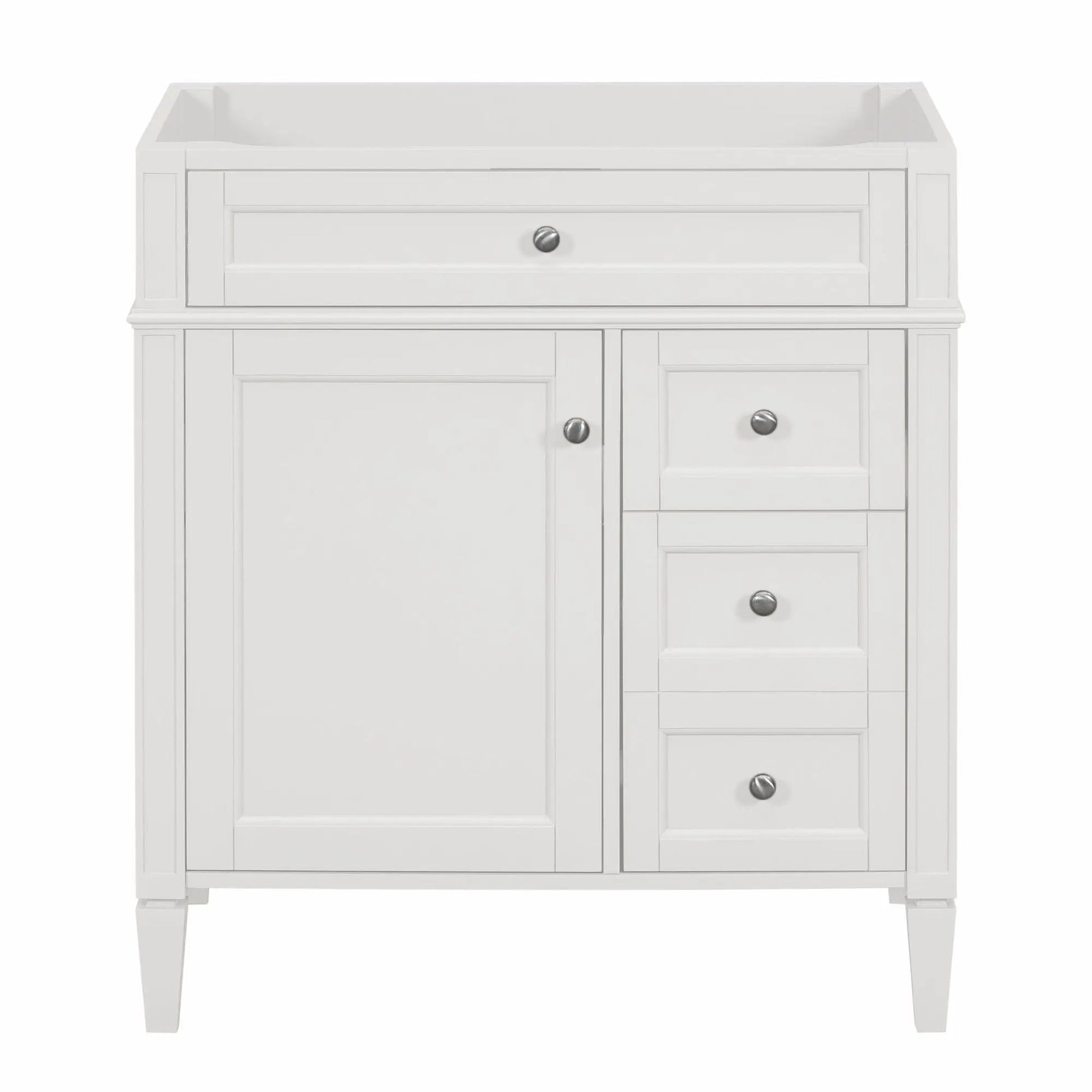 White bathroom vanity base with two drawers and tip-out drawer, chrome knobs cabinet on Tampa Home & Garden Store