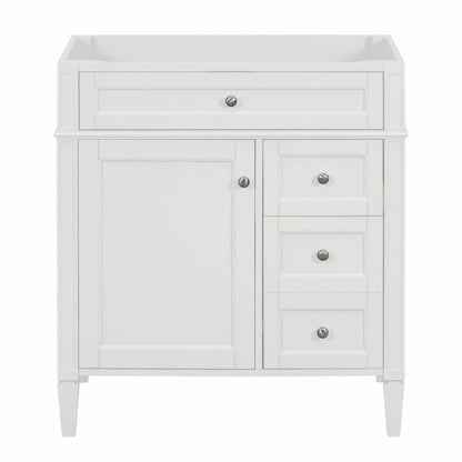 White bathroom vanity base with two drawers and tip-out drawer, chrome knobs cabinet on Tampa Home & Garden Store