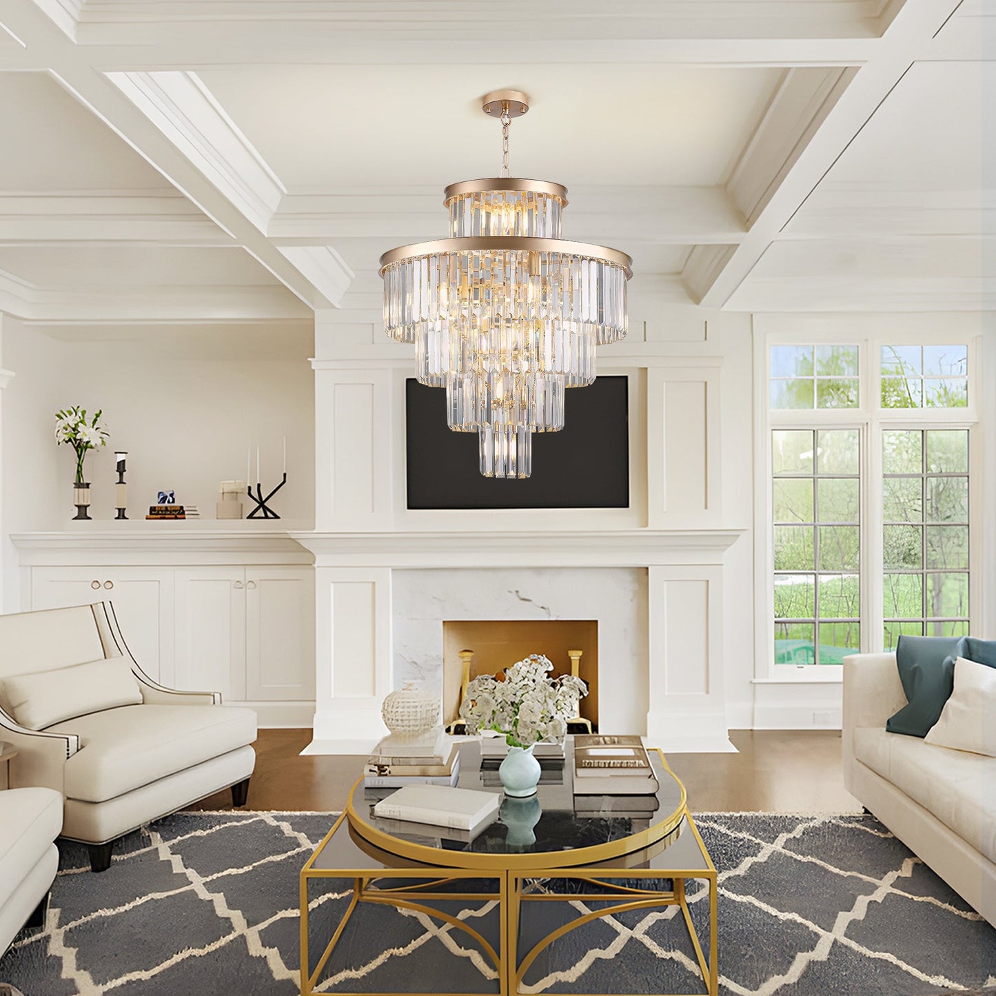 Golden Luxury Crystal Chandelier 23.6in, gold finish, crystal prisms, by HouseOfZazla on Tampa Home & Garden Store
