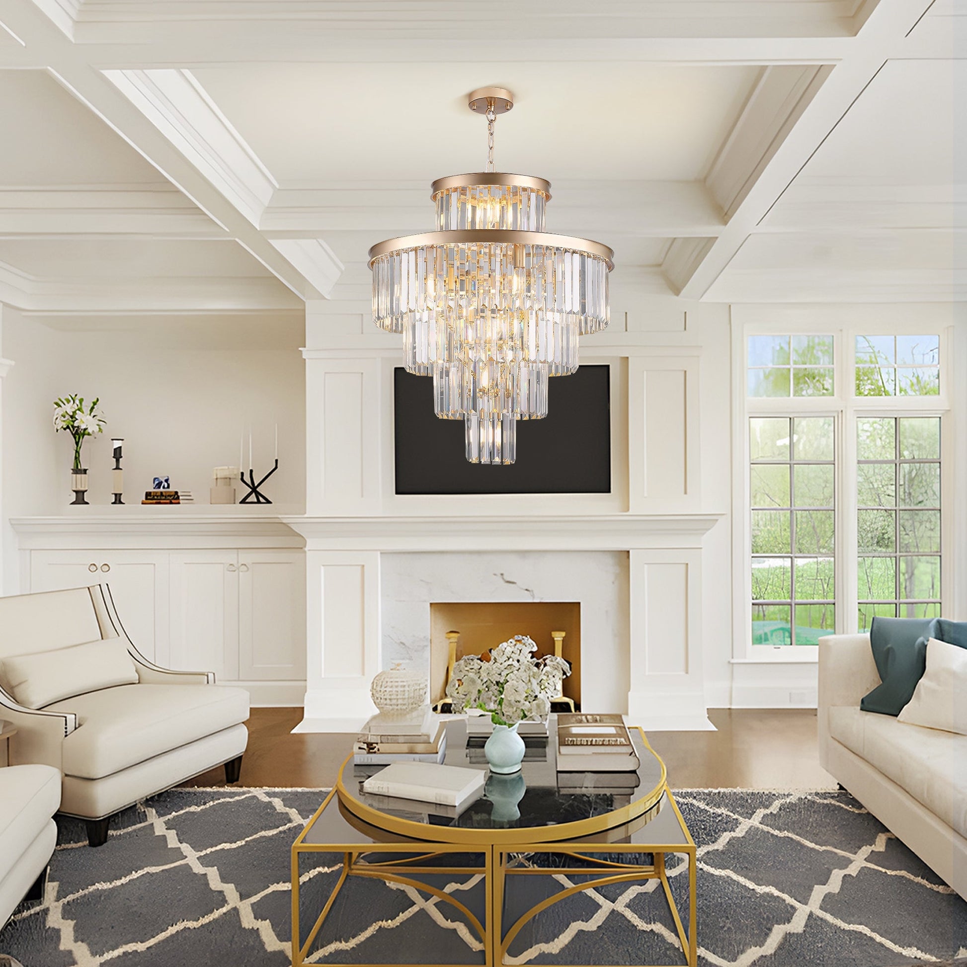 Golden Luxury Crystal Chandelier 23.6in, gold finish, crystal prisms, by HouseOfZazla on Tampa Home & Garden Store