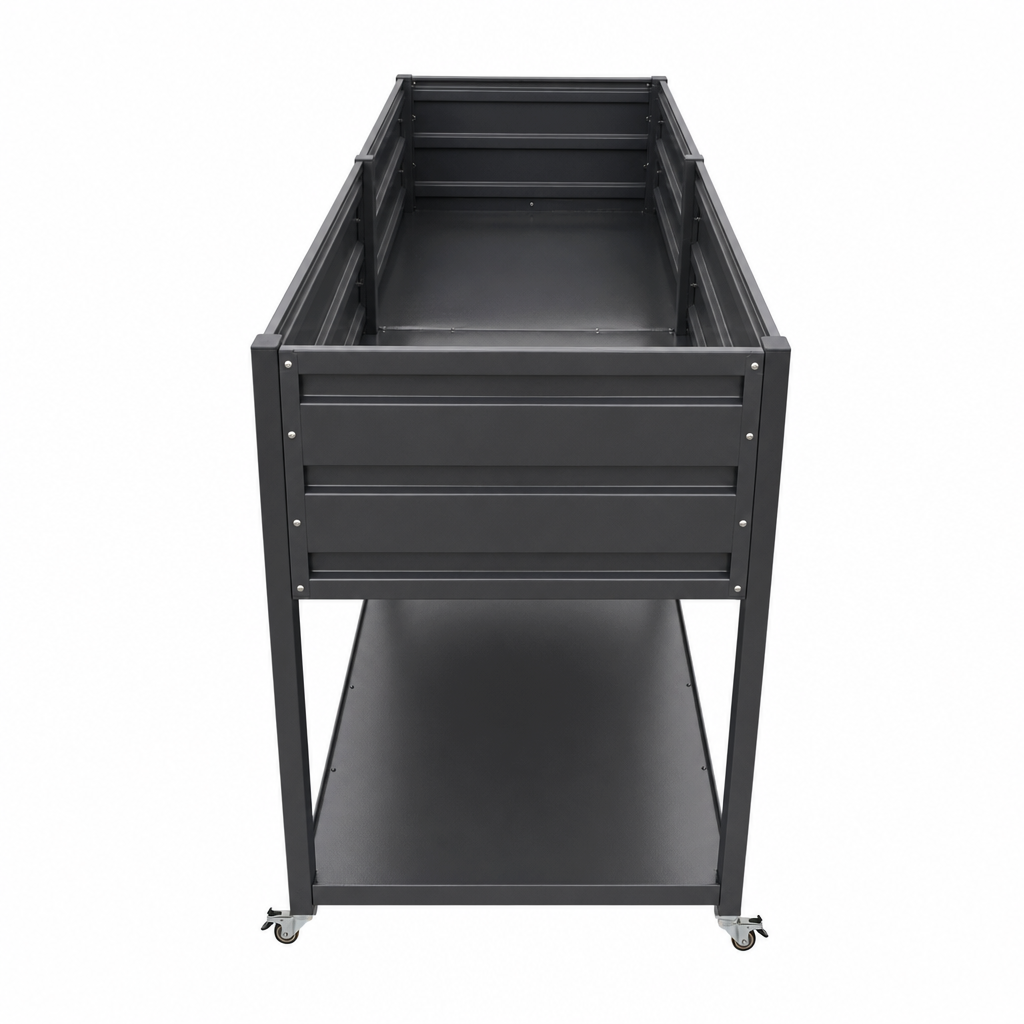 Dual tier metal raised garden bed on wheels with lockable casters and shelf in dark gray on Tampa Home & Garden Store