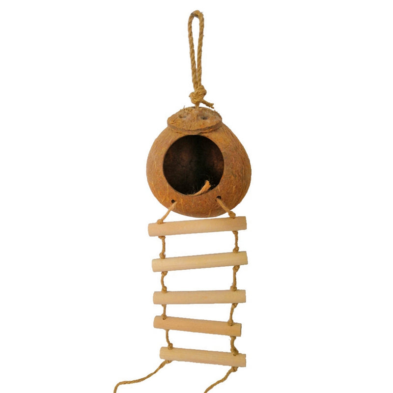 Natural coconut shell bird nest swing with rope hanger and wooden ladder on Tampa Home & Garden Store