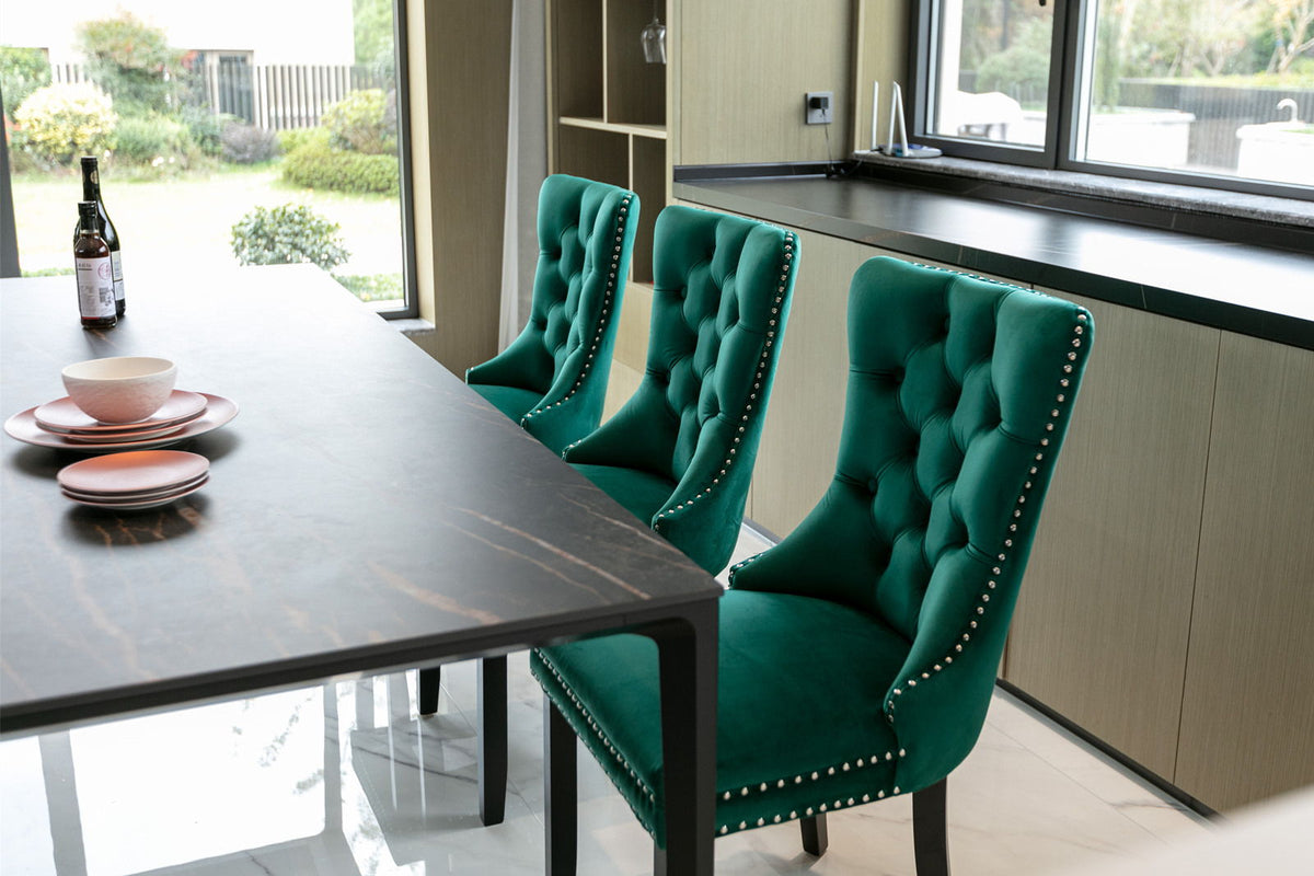 Tufted Velvet Dining Chair Set emerald green with nailhead trim, 3 chairs on Tampa Home & Garden Store