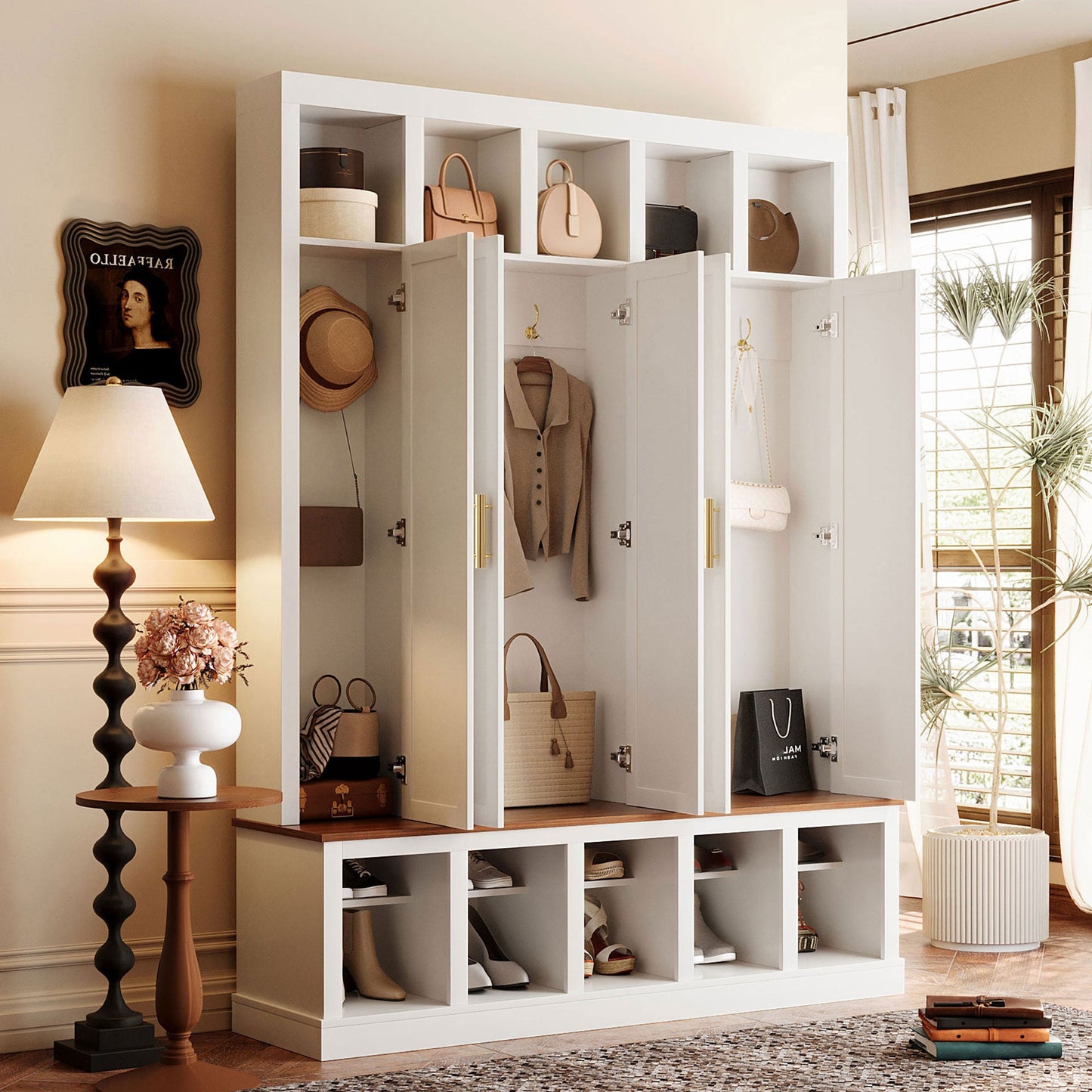 U-Can Farmhouse Entryway Cabinet with Shoe Rack & Display Cubbies, white wood; handbags, hats on Tampa Home & Garden Store