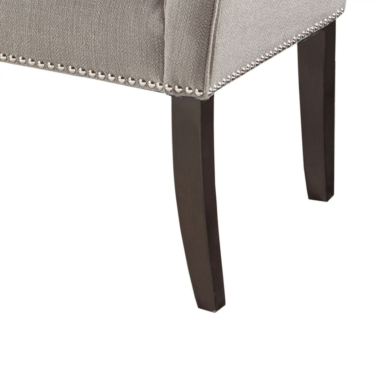 Upholstered bench with dark wood legs, gray textured fabric and nailhead trim on Tampa Home & Garden Store