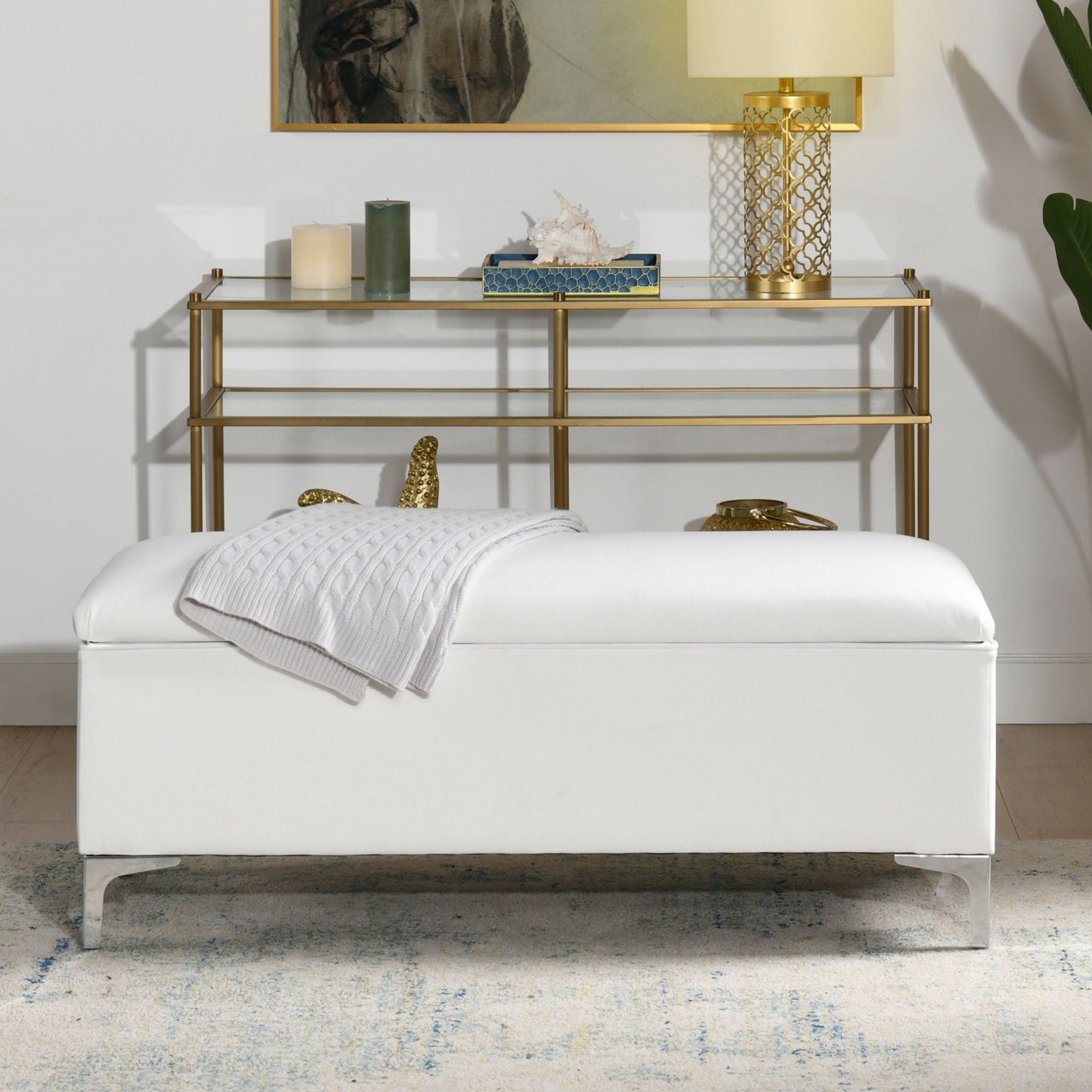 Madelyn Modern Storage Bench in bright white dye with glass top and gold frame on Tampa Home & Garden Store