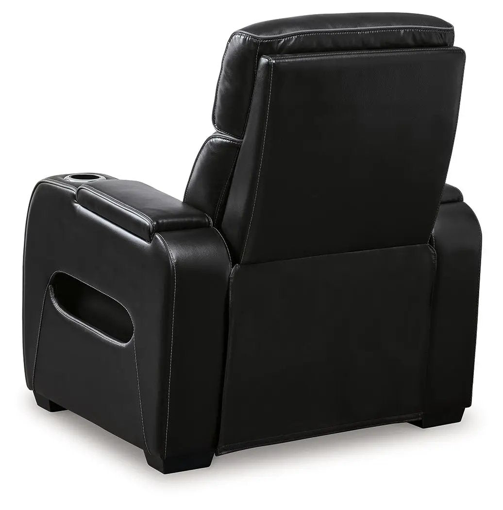 Boyington power recliner with adjustable headrest in black leather, built-in cup holder on Tampa Home & Garden Store