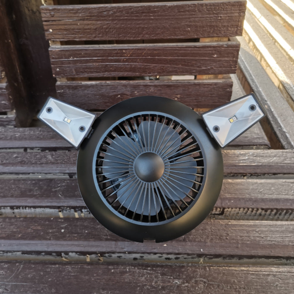 Solar camping fan with dual LED panels, USB rechargeable, black circular body on Tampa Home & Garden Store