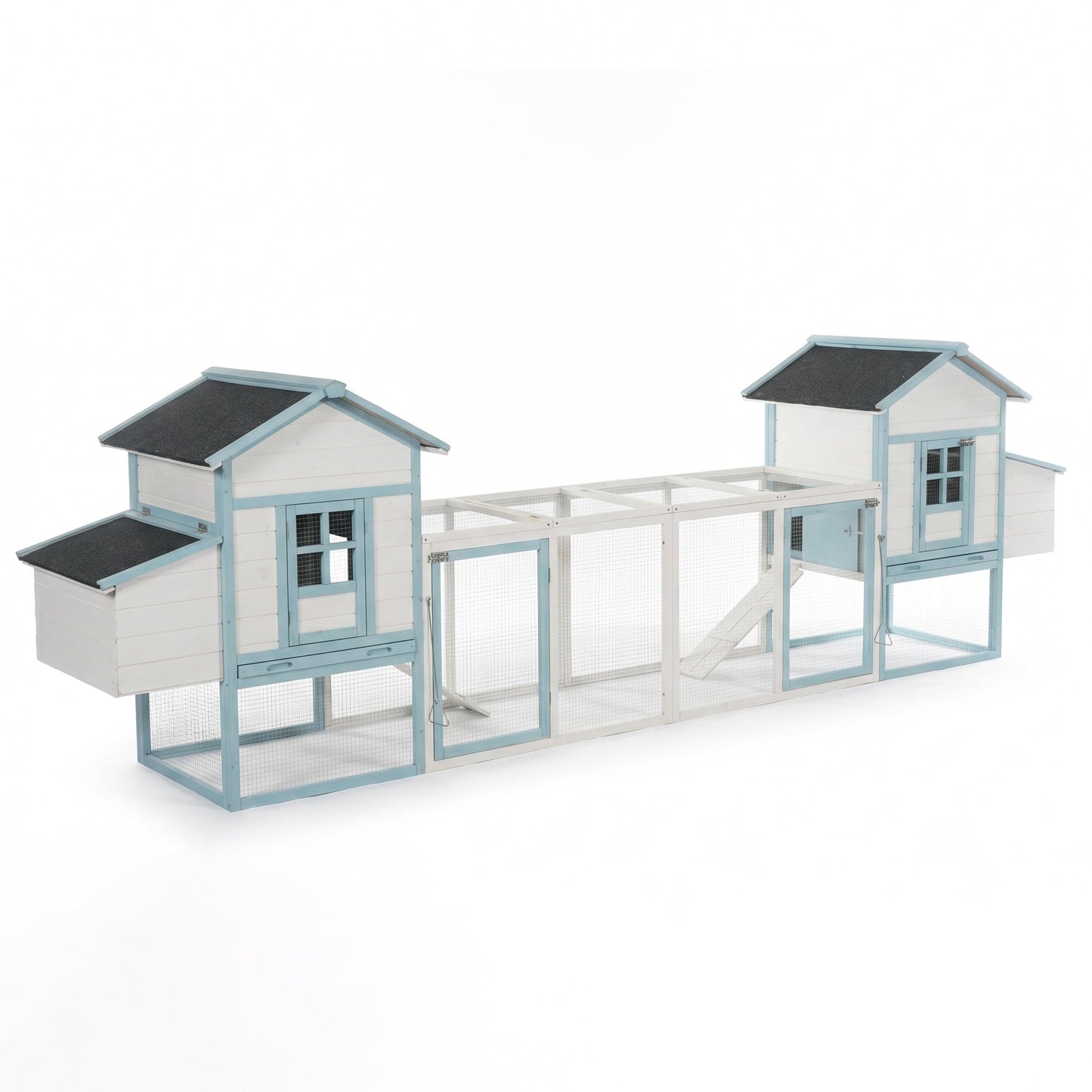 Large wooden chicken coop with blue trim and double nesting boxes, HouseOfZazla mesh run on Tampa Home & Garden Store