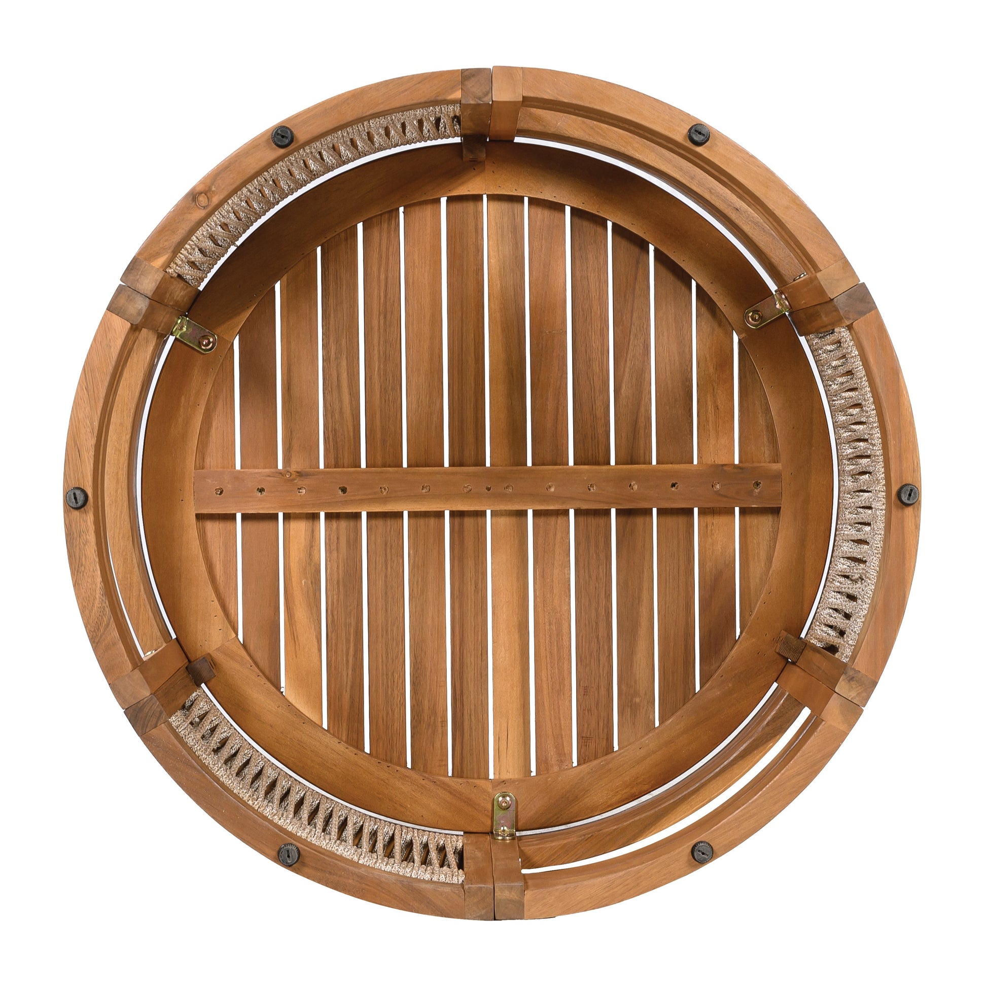 27.95in acacia wood outdoor coffee table with handwoven rope accent, round slat top on Tampa Home & Garden Store