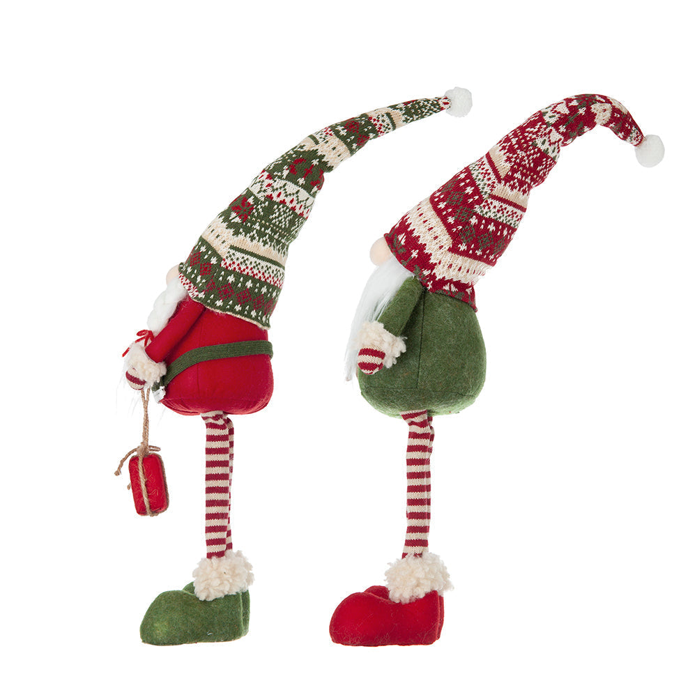 Set of 2 fabric standing holiday gnomes by HouseOfZazla; red and green knit hats, striped legs on Tampa Home & Garden Store