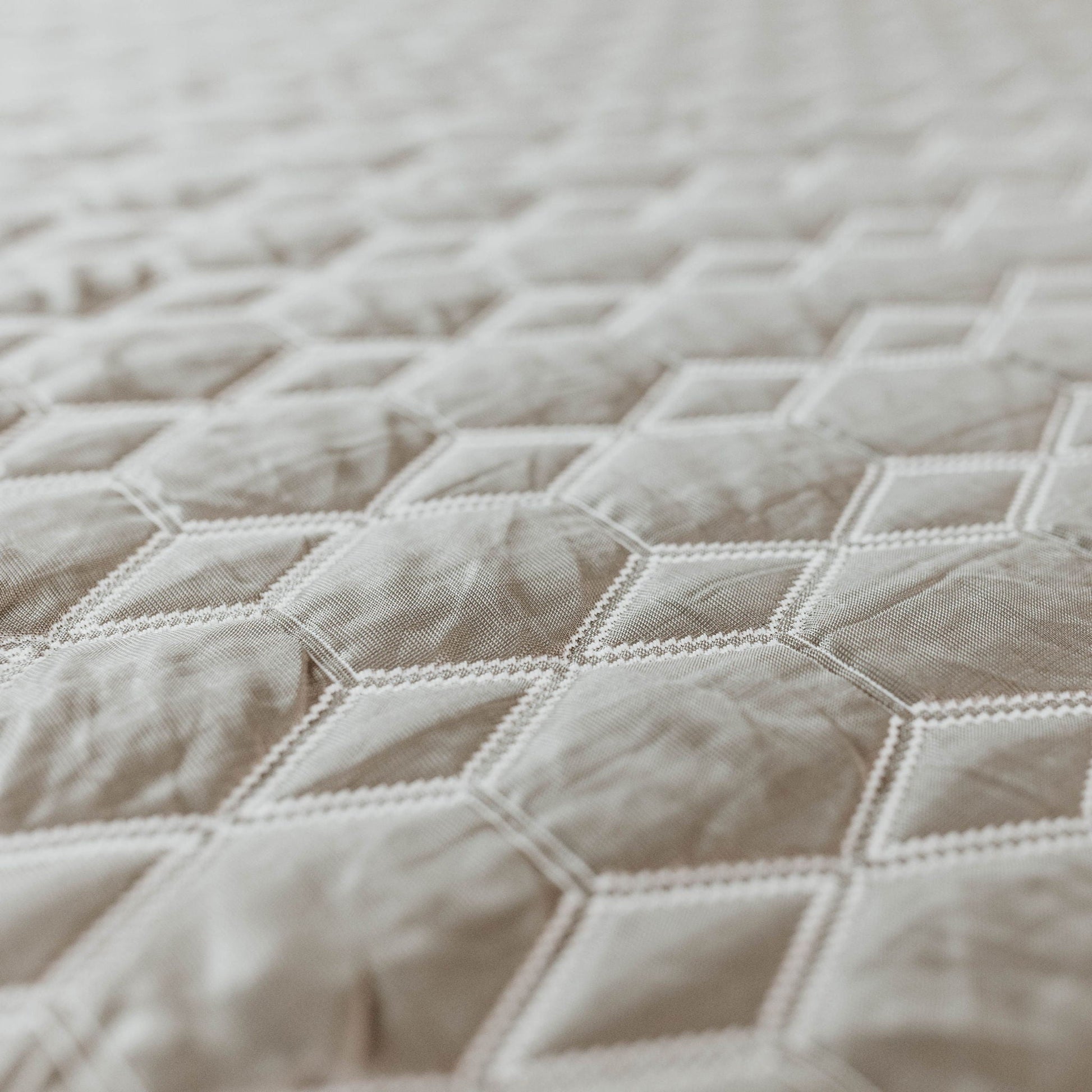 Mattress cover close-up gray plaid fabric with white stitching on Tampa Home & Garden Store