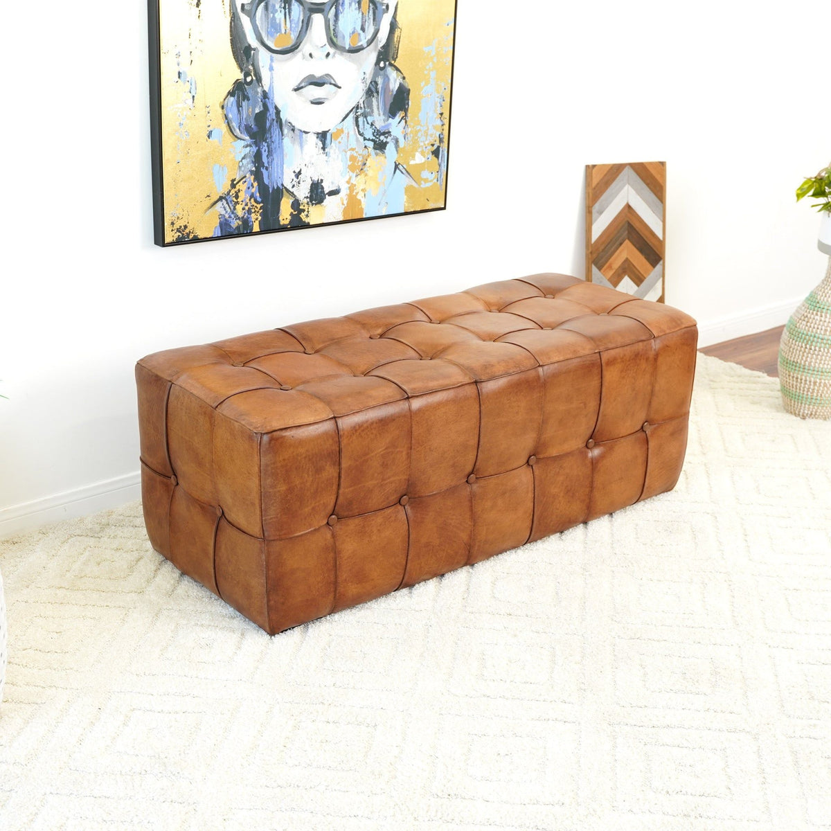 Tan Upholstered Bench with Solid Wood Frame, genuine leather, HouseOfZazla on Tampa Home & Garden Store