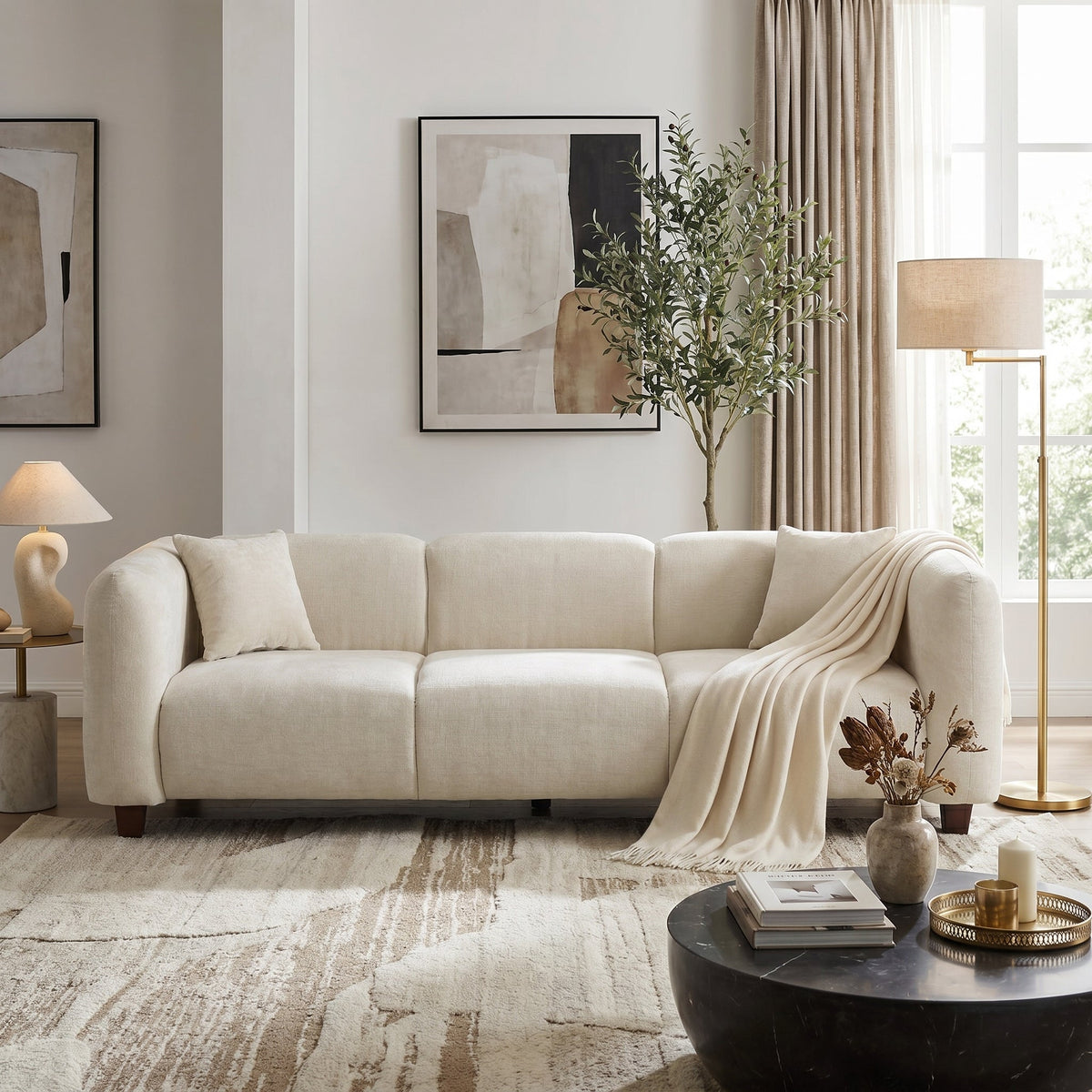 Modern 87 Inch Chenille Sofa by HouseOfZazla in ivory beige fabric with sturdy frame on Tampa Home & Garden Store