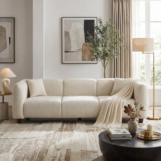 Modern 87 Inch Chenille Sofa by HouseOfZazla in ivory beige fabric with sturdy frame on Tampa Home & Garden Store
