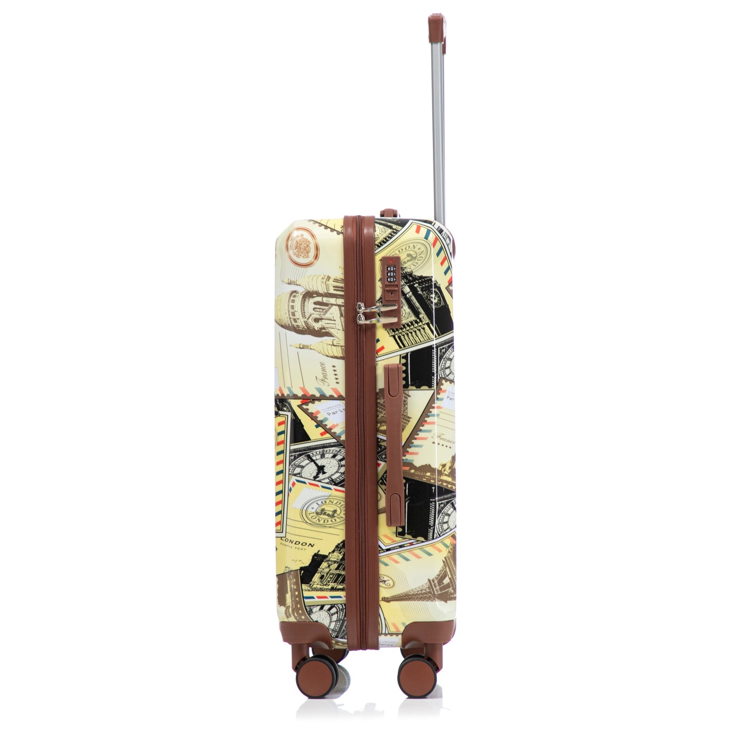 Printed pattern spinner luggage by HouseOfZazla with brown straps and telescoping handle on Tampa Home & Garden Store