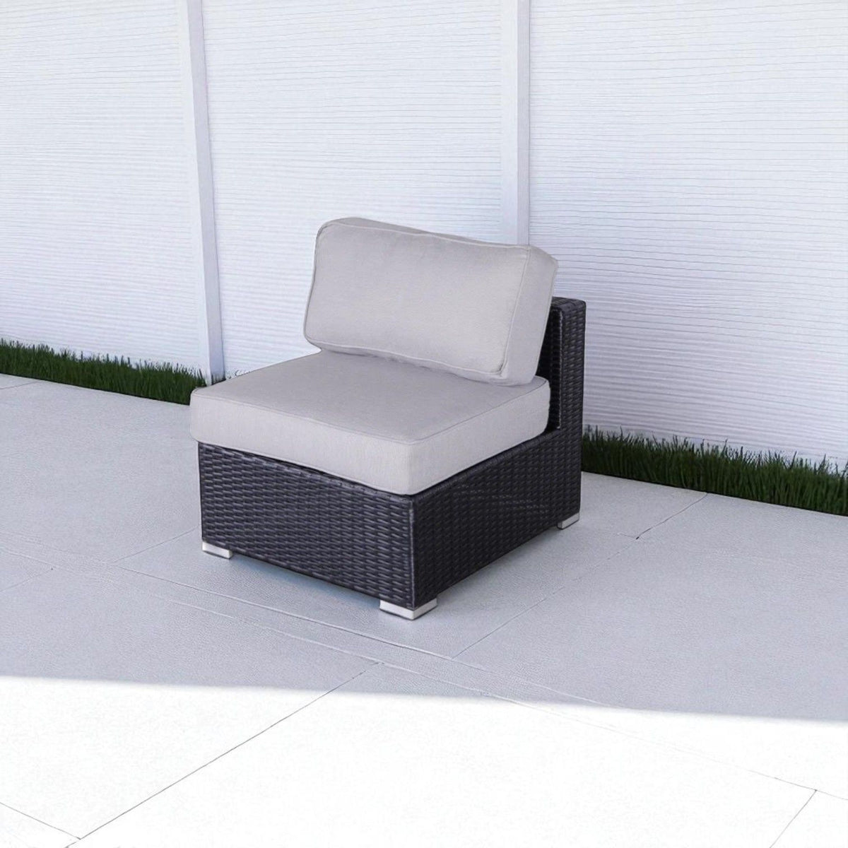 Armless patio chair in dark brown wicker with cushions HouseOfZazla on Tampa Home & Garden Store