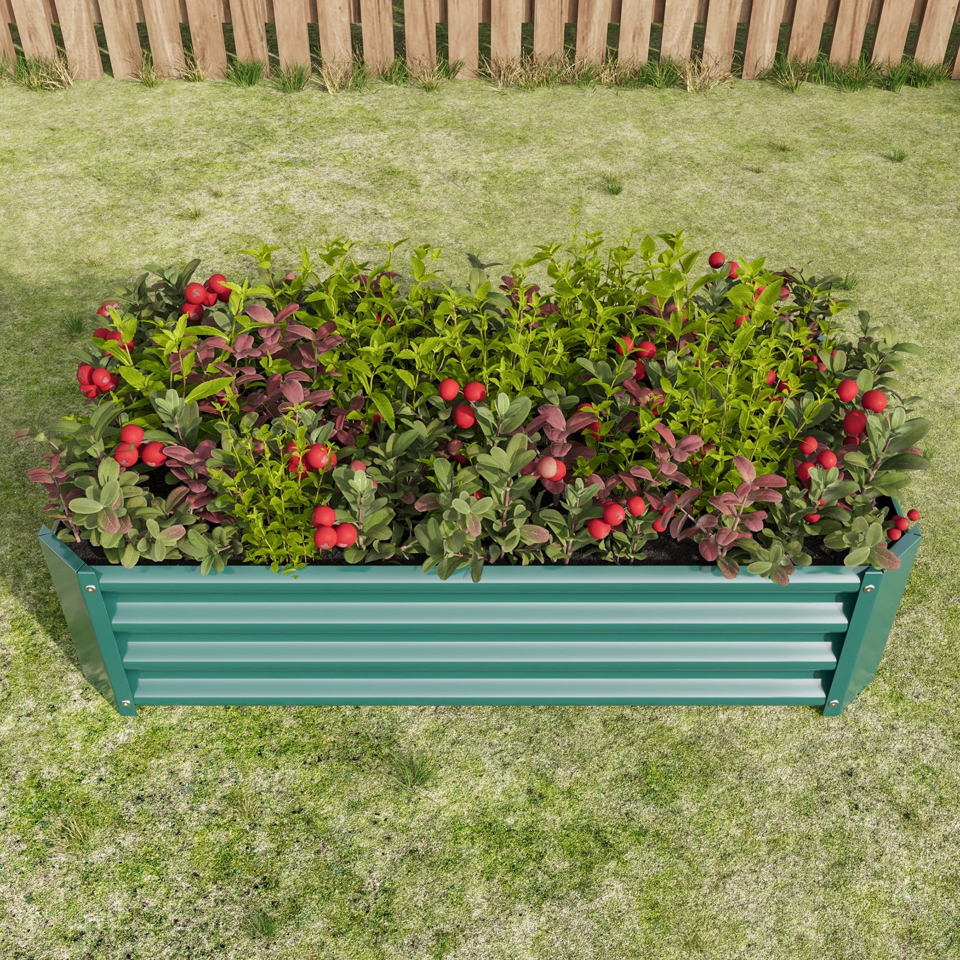 Metal raised rectangle planter 4×2×1ft teal with green leaves and red berries HouseOfZazla on Tampa Home & Garden Store