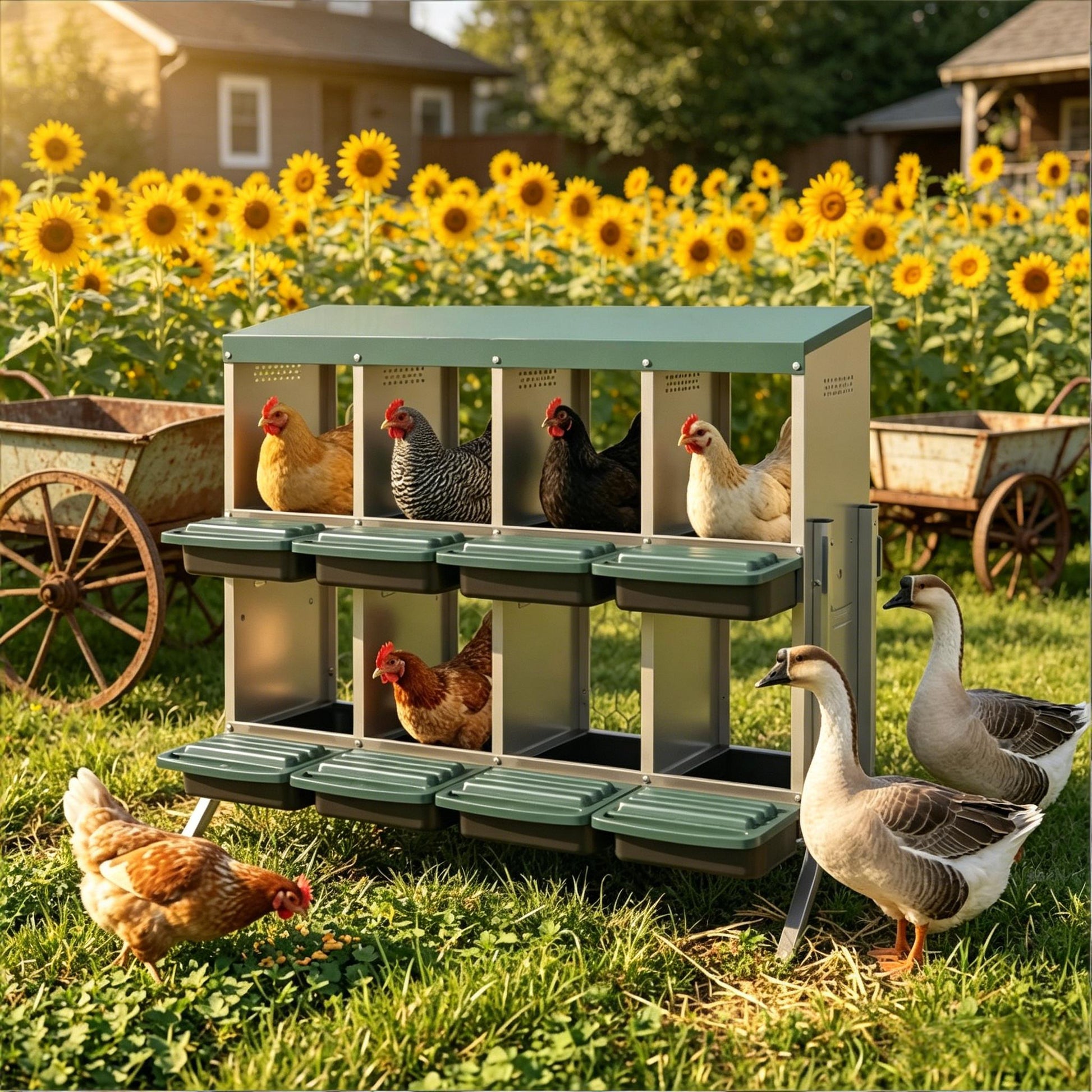 Egg Laying Boxes, metal nesting boxes by HouseOfZazla with green lids and chickens outdoors on Tampa Home & Garden Store