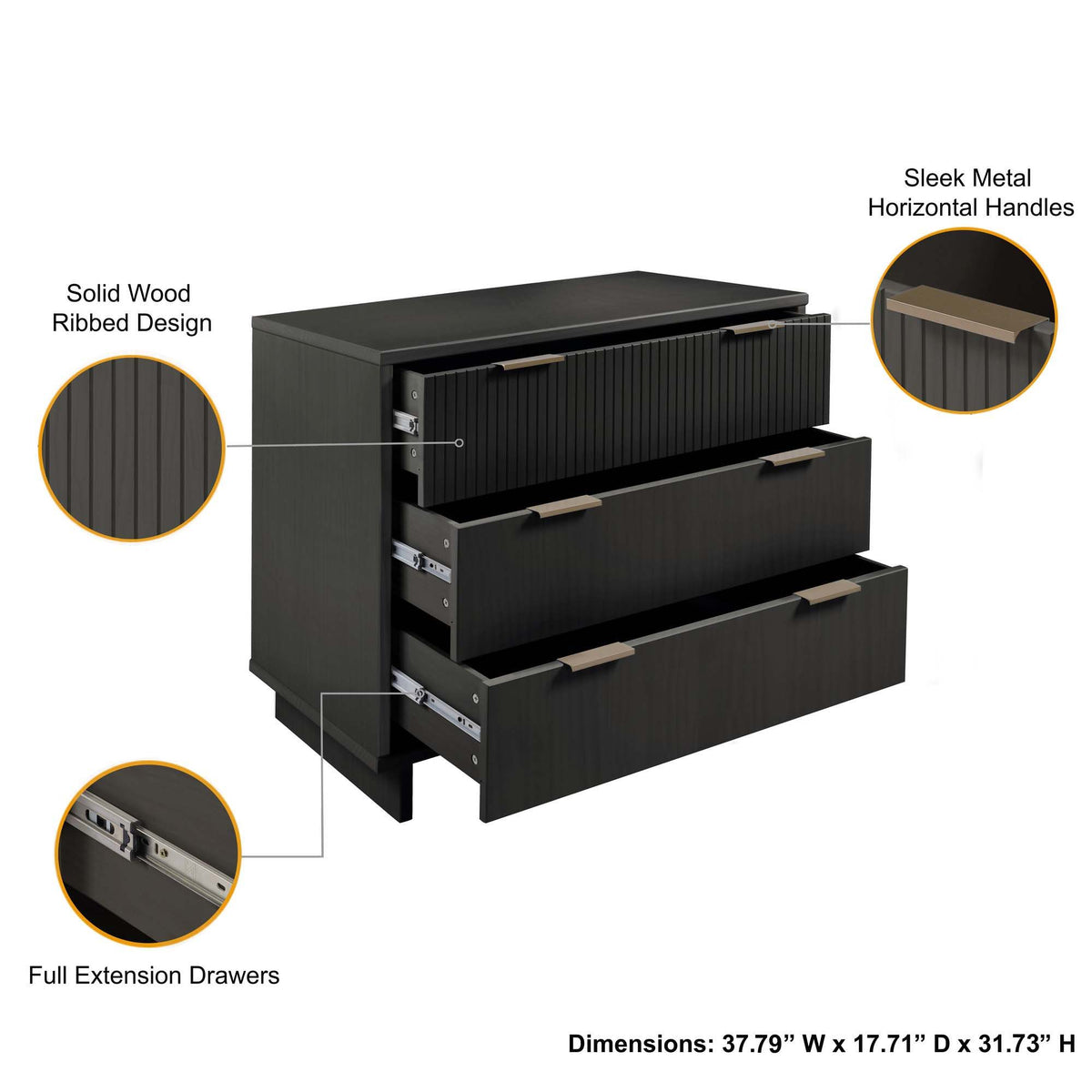 Solid Wood 3-Drawer Dresser with Ribbed Fronts, dark finish, full-extension drawers, sleek handles on Tampa Home & Garden Store