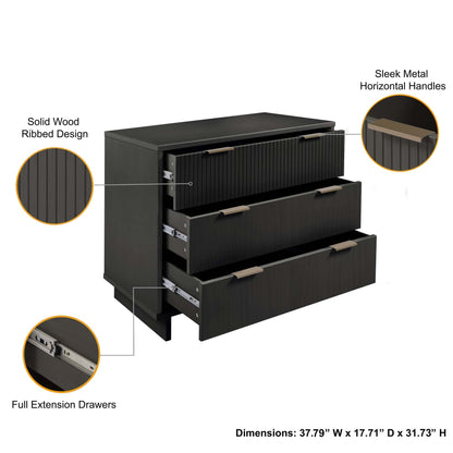 Solid Wood 3-Drawer Dresser with Ribbed Fronts, dark finish, full-extension drawers, sleek handles on Tampa Home & Garden Store
