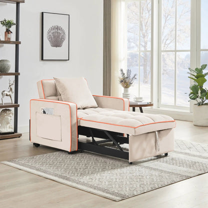 Modern 3 In 1 Sofa Bed Chair, Adjustable Recliner beige fabric with orange piping in living room on Tampa Home & Garden Store