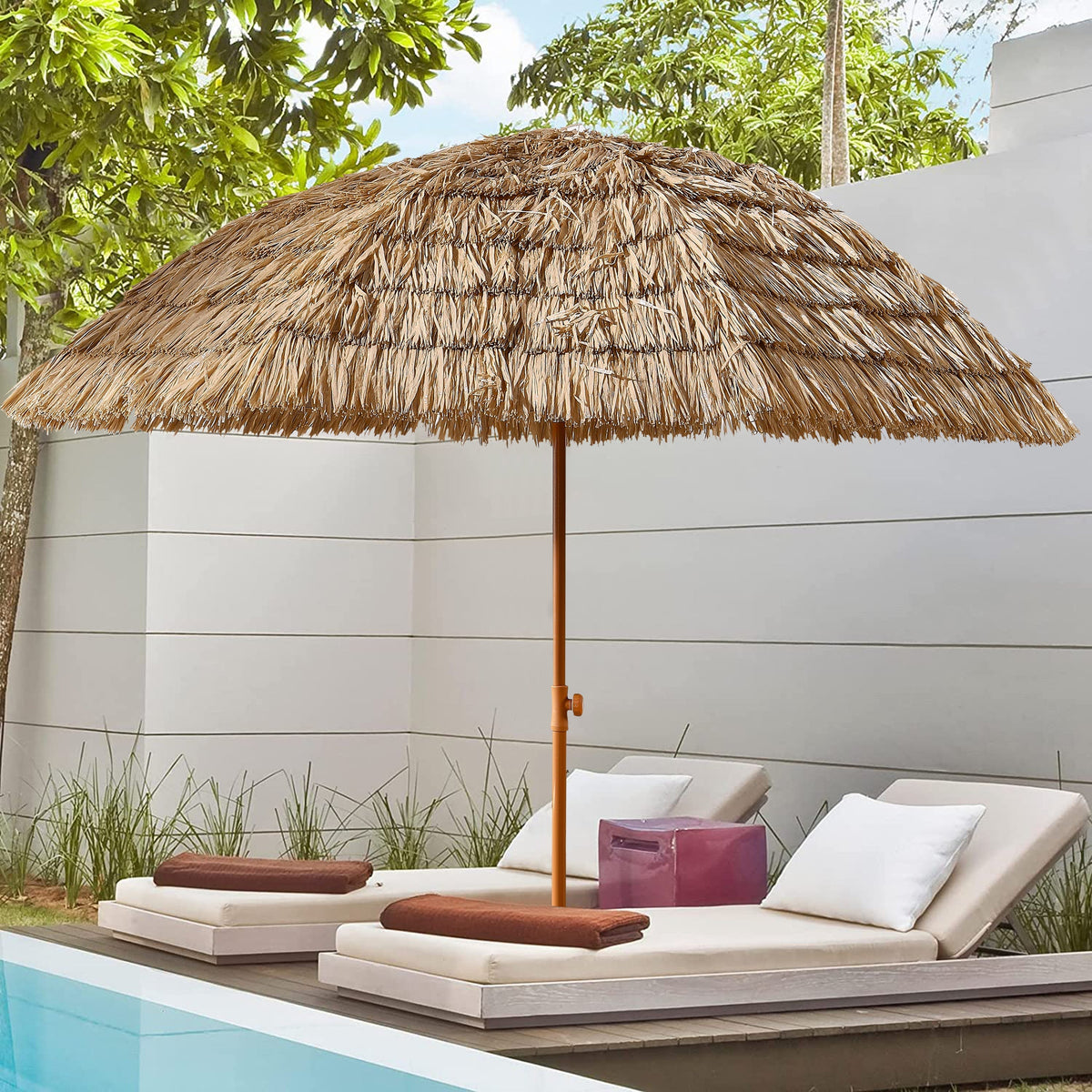 8' Thatched Patio Tiki Umbrella by HouseOfZazla with brown palm thatch over a wood pole on Tampa Home & Garden Store