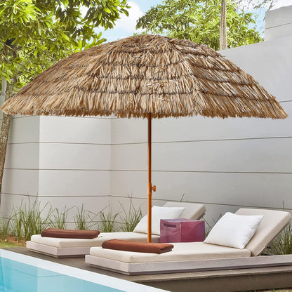 8' Thatched Patio Tiki Umbrella by HouseOfZazla with brown palm thatch over a wood pole on Tampa Home & Garden Store