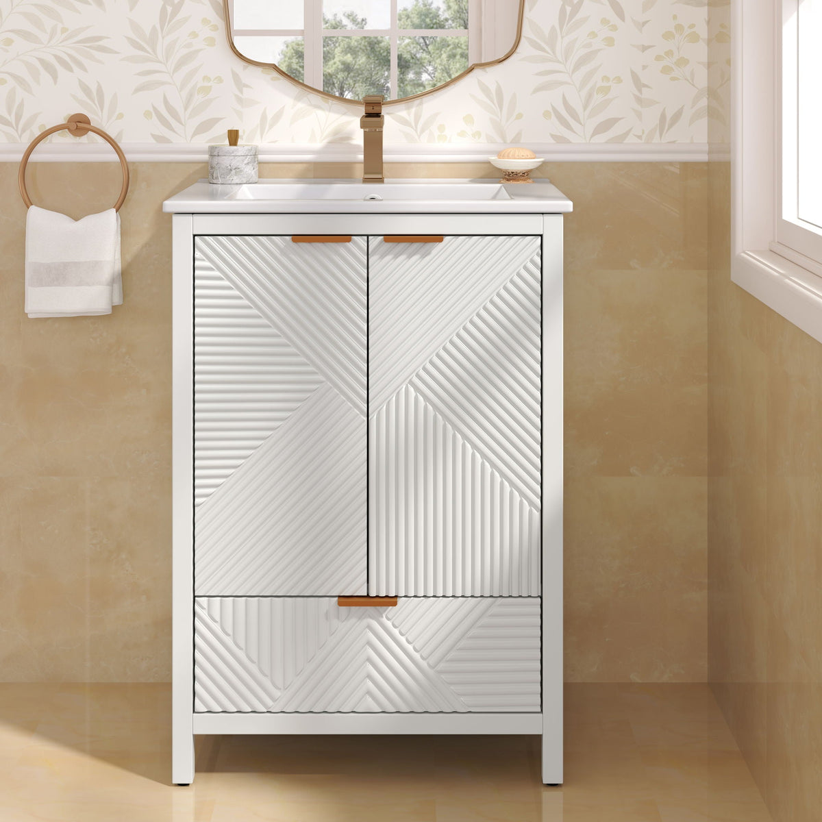 Modern white bathroom vanity with sink, brass hardware, diagonal ribbed cabinet doors on Tampa Home & Garden Store