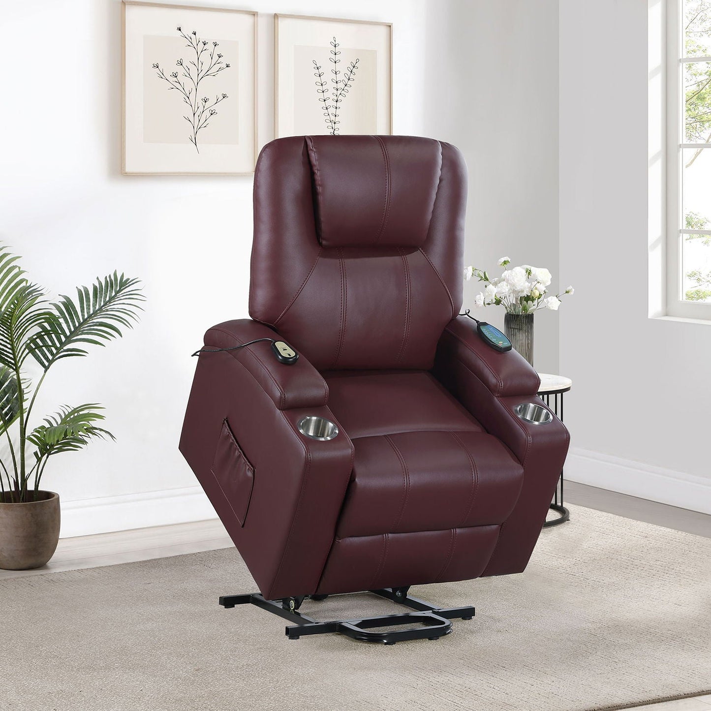 Macklin Power Lift Massage Recliner with Heat in burgundy leather; dual cupholders on Tampa Home & Garden Store