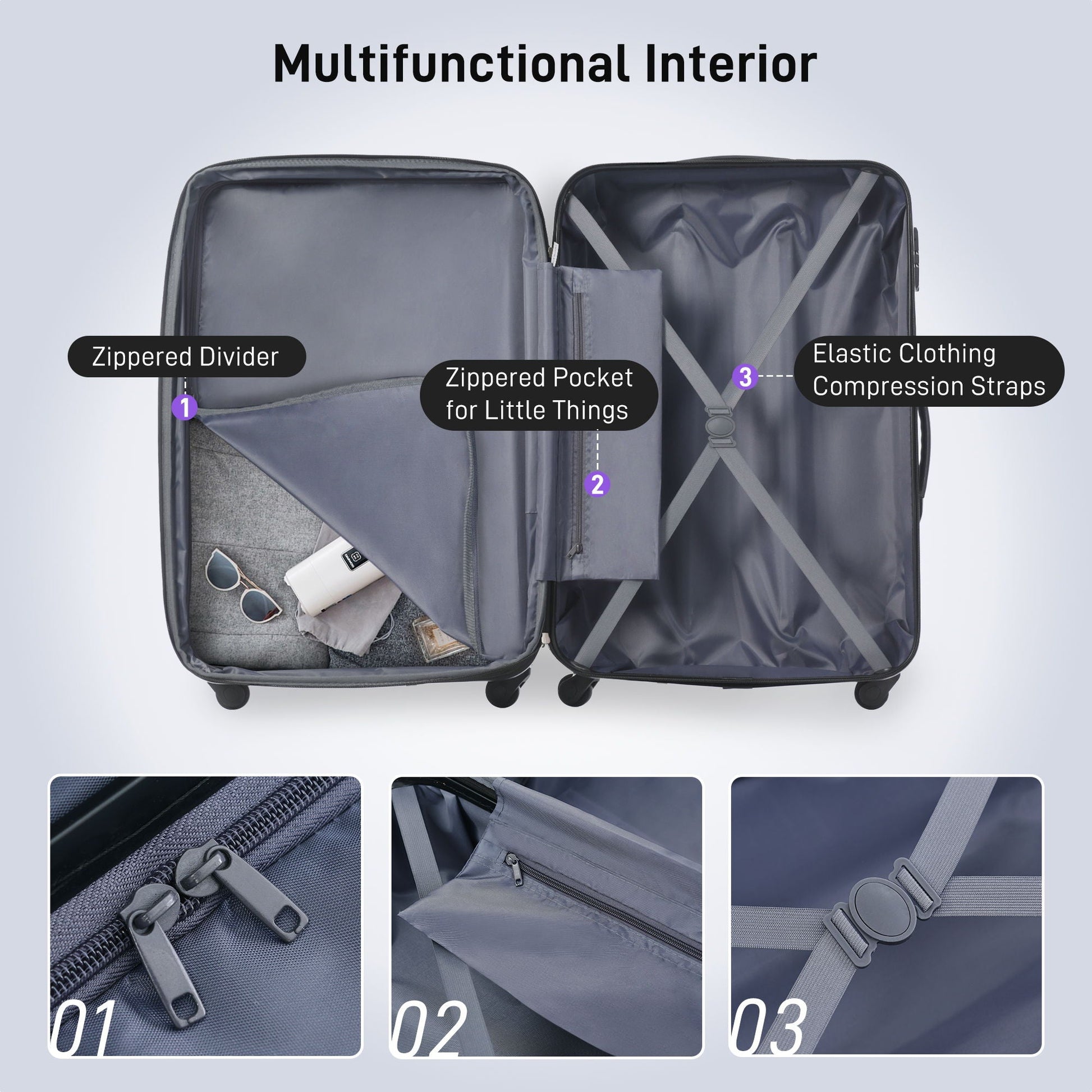 3-piece HouseOfZazla hardside spinner luggage set with TSA lock, 20/24/28 in, gray interior on Tampa Home & Garden Store