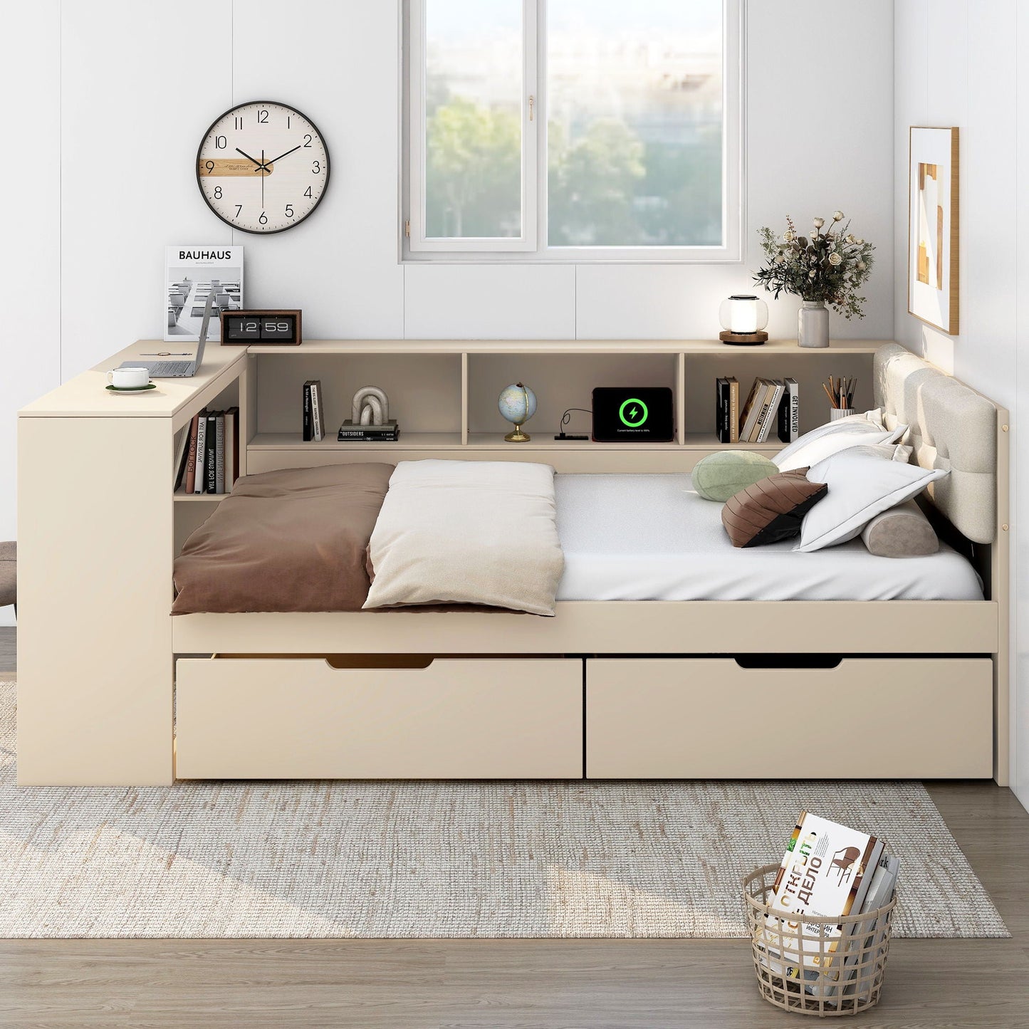 Upholstered headboard platform bed with drawers, shelves and charging station in beige on Tampa Home & Garden Store
