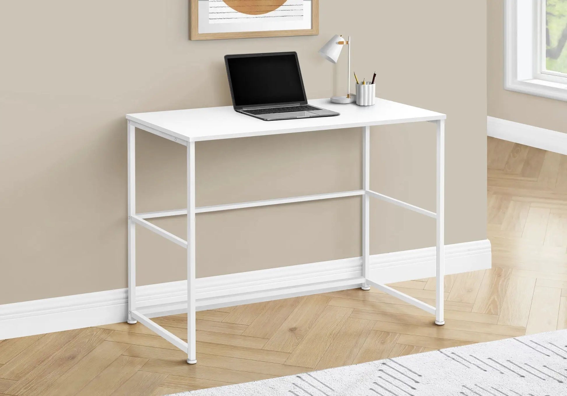 Computer Desk white top with metal frame, laptop, and desk lamp in beige home office setting on Tampa Home & Garden Store