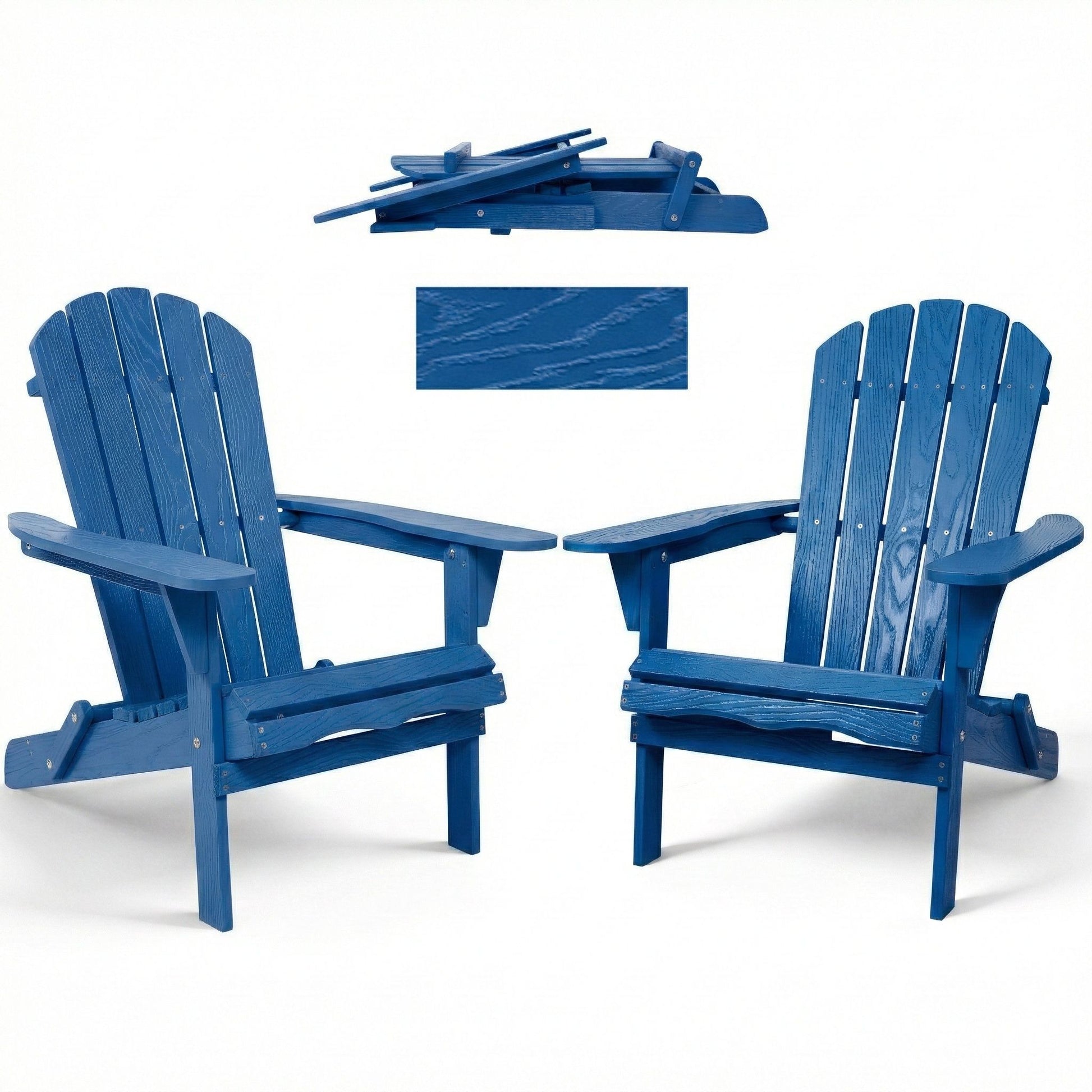 Folding Adirondack lounge chairs navy blue with embossed grain, set of 2 with small side table on Tampa Home & Garden Store