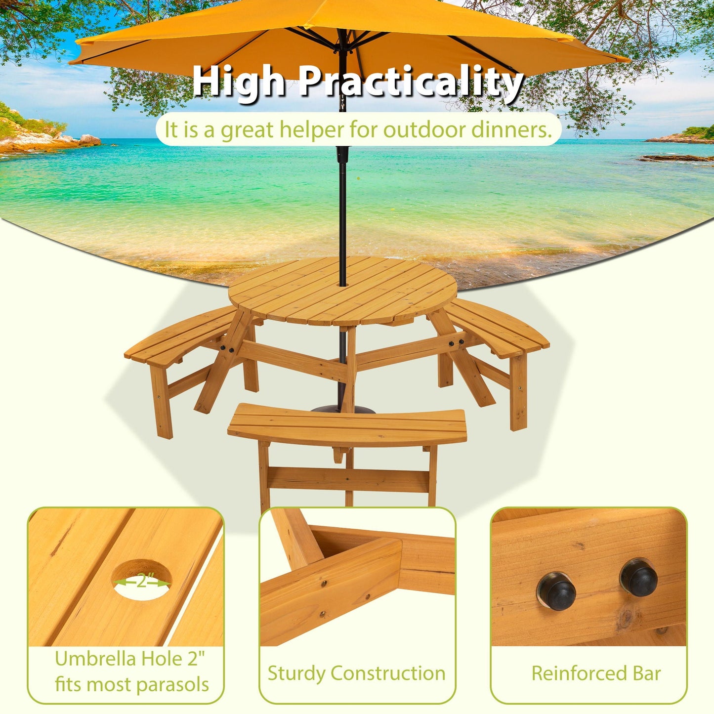 Six Person Outdoor Wooden Picnic Table for Patio