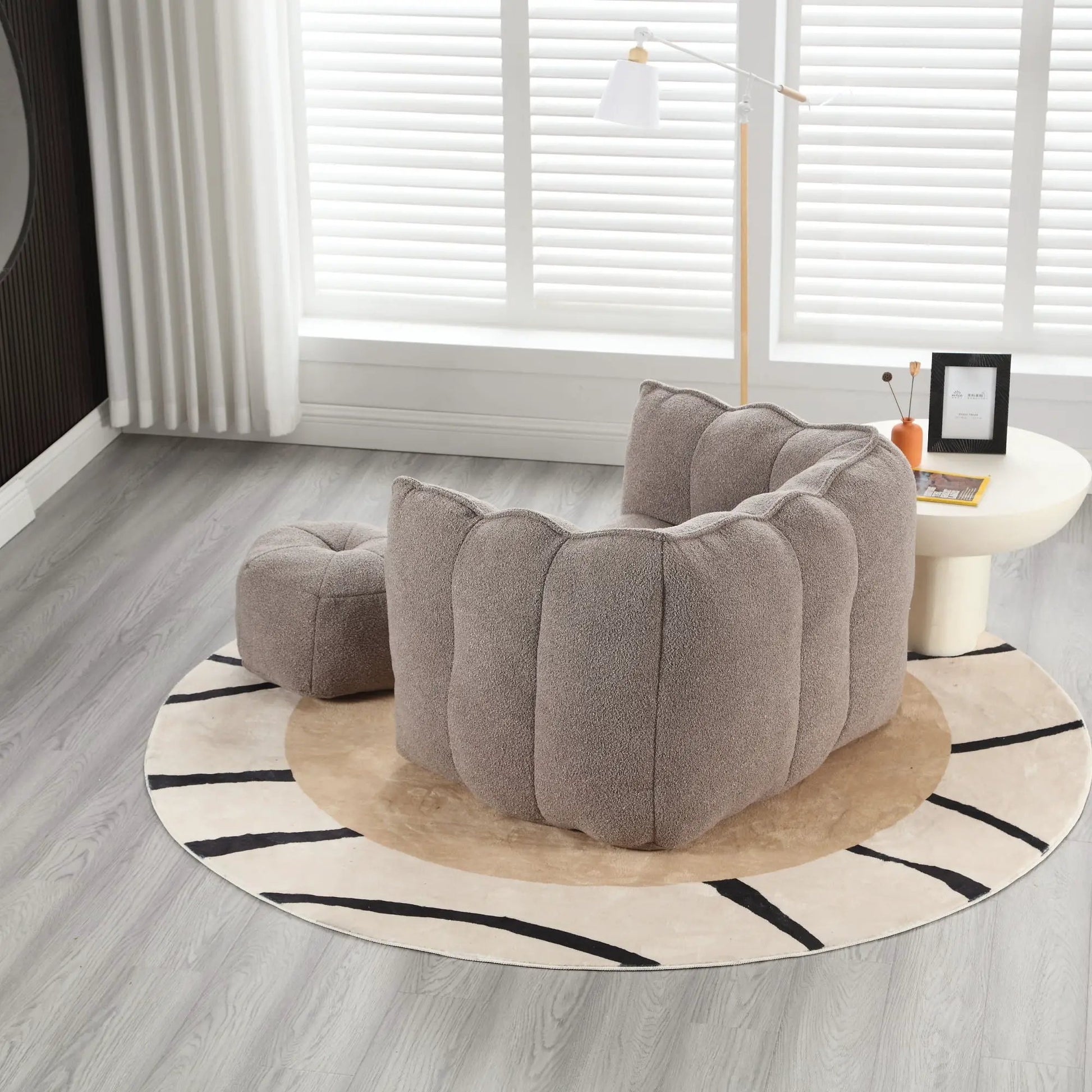 Soft bean bag chair with high resilient foam in taupe fabric, stationary chair & ottoman on Tampa Home & Garden Store