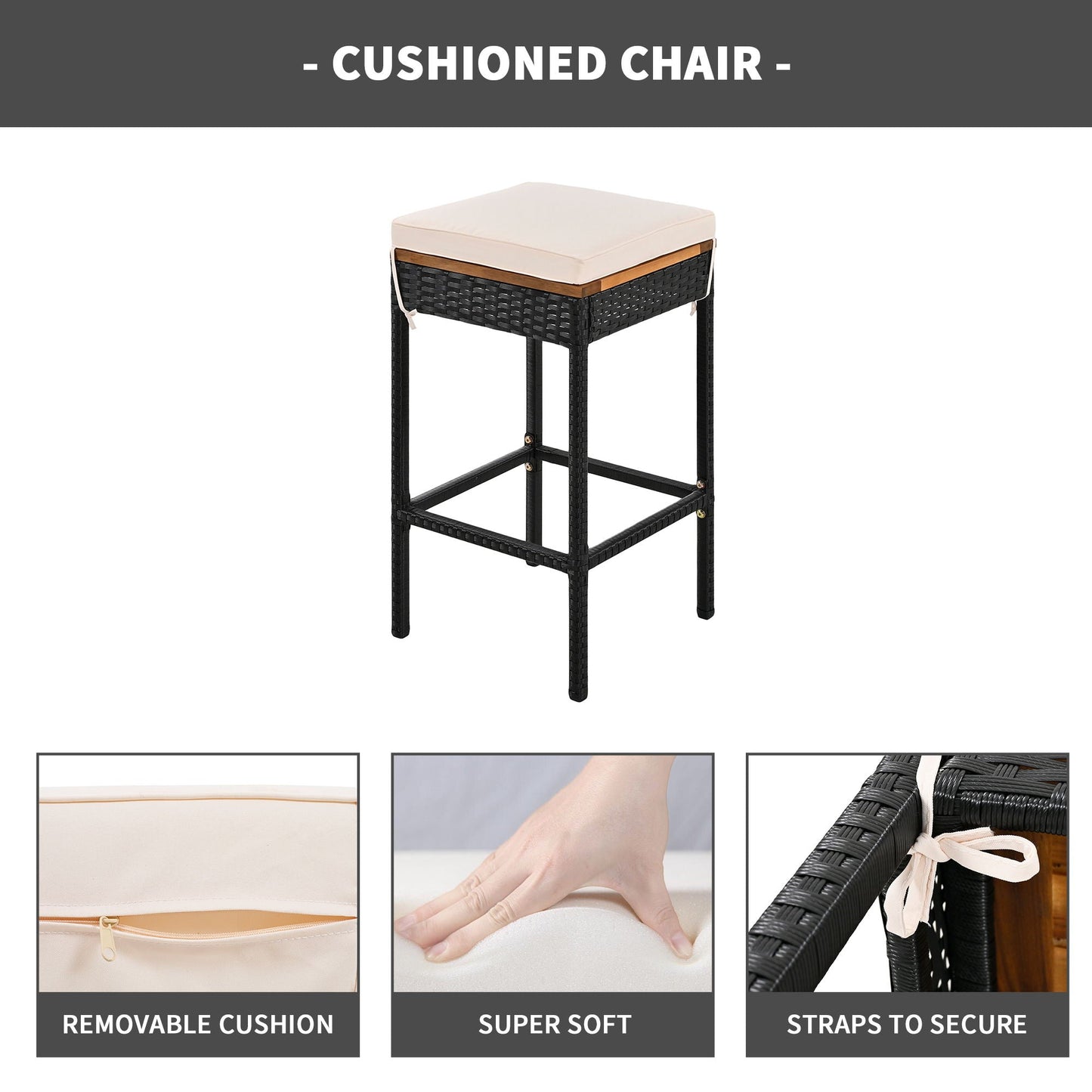Outdoor bar-height stool with beige cushion and wood-accent frame by Unique Piece Furniture on Tampa Home & Garden Store