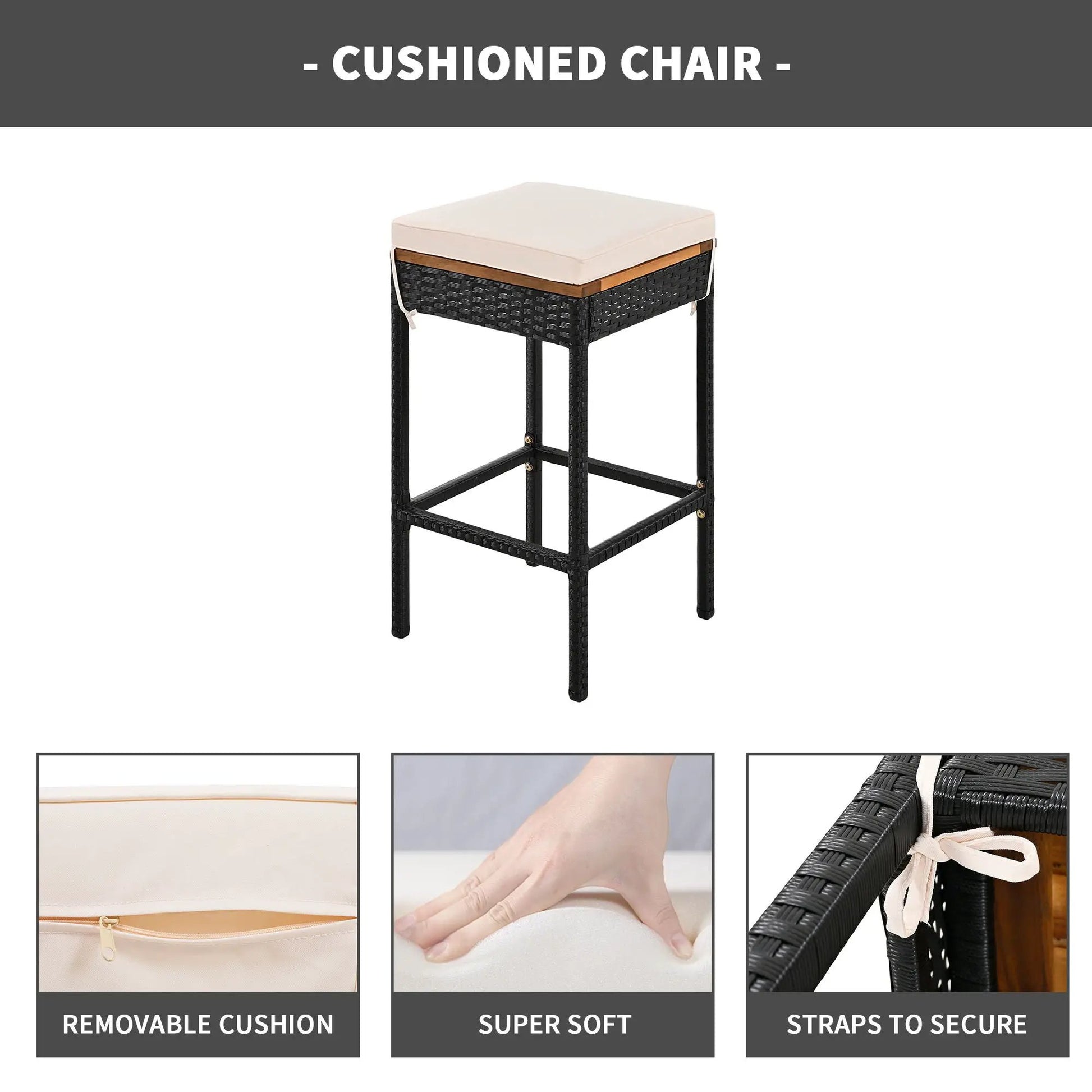 Outdoor bar-height stool with beige cushion and wood-accent frame by Unique Piece Furniture on Tampa Home & Garden Store