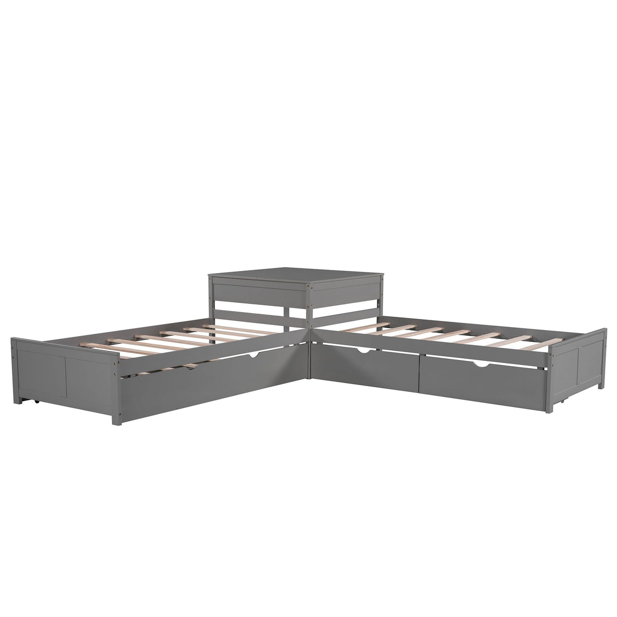 Gray L-shaped platform bed with built-in drawers and visible slat support on Tampa Home & Garden Store