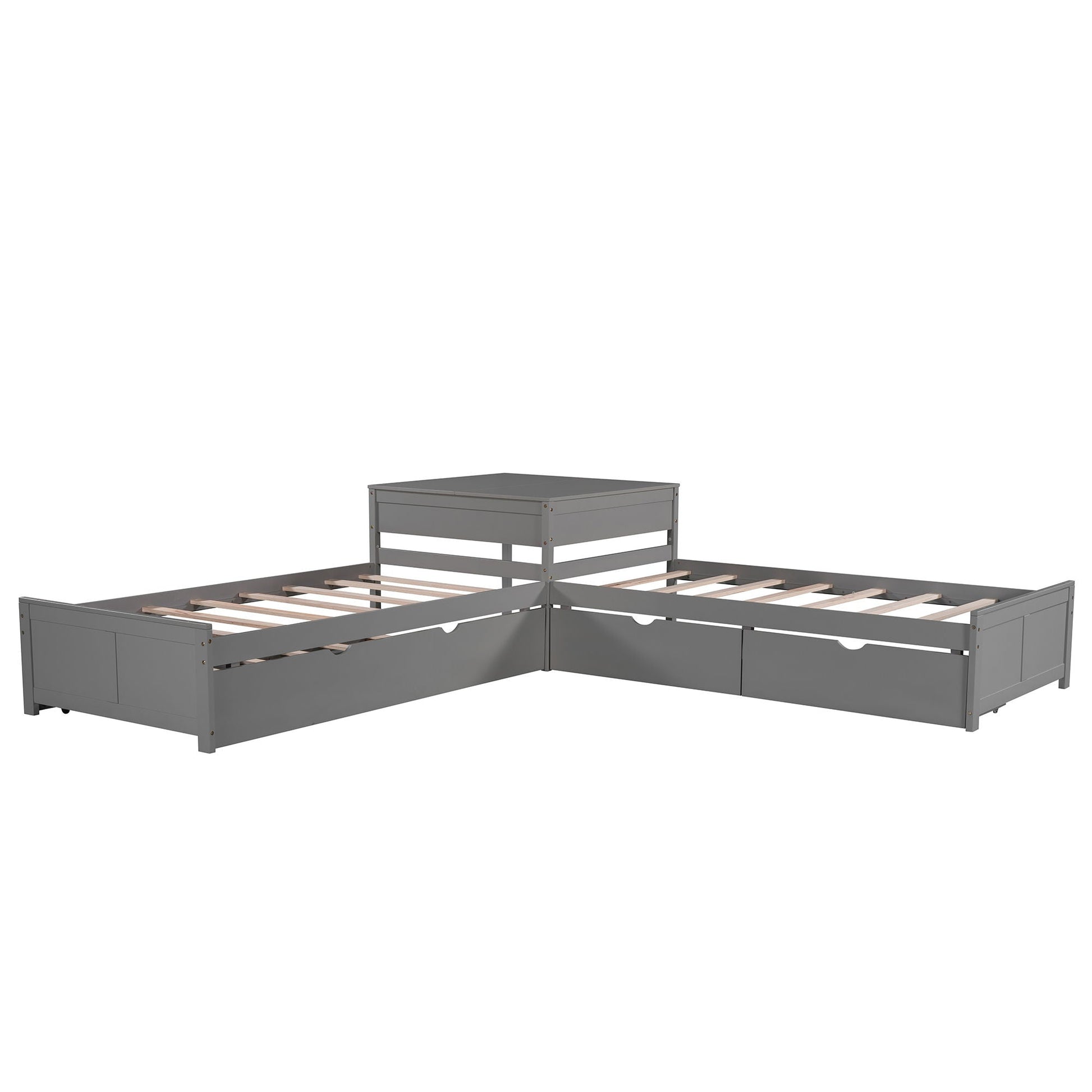 Gray L-shaped platform bed with built-in drawers and visible slat support on Tampa Home & Garden Store