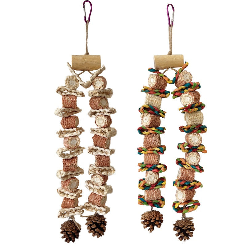 Parrot grinding mouth toy pair; beige rope, wood beads, pinecone ends by Sell My Stuff on Tampa Home & Garden Store