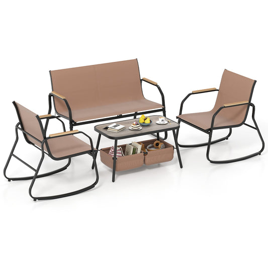 4 Pieces Patio Furniture Set with Rocking Bistro Chairs and Breathable Mesh Fabric-Coffee - Tampa Home & Garden Store