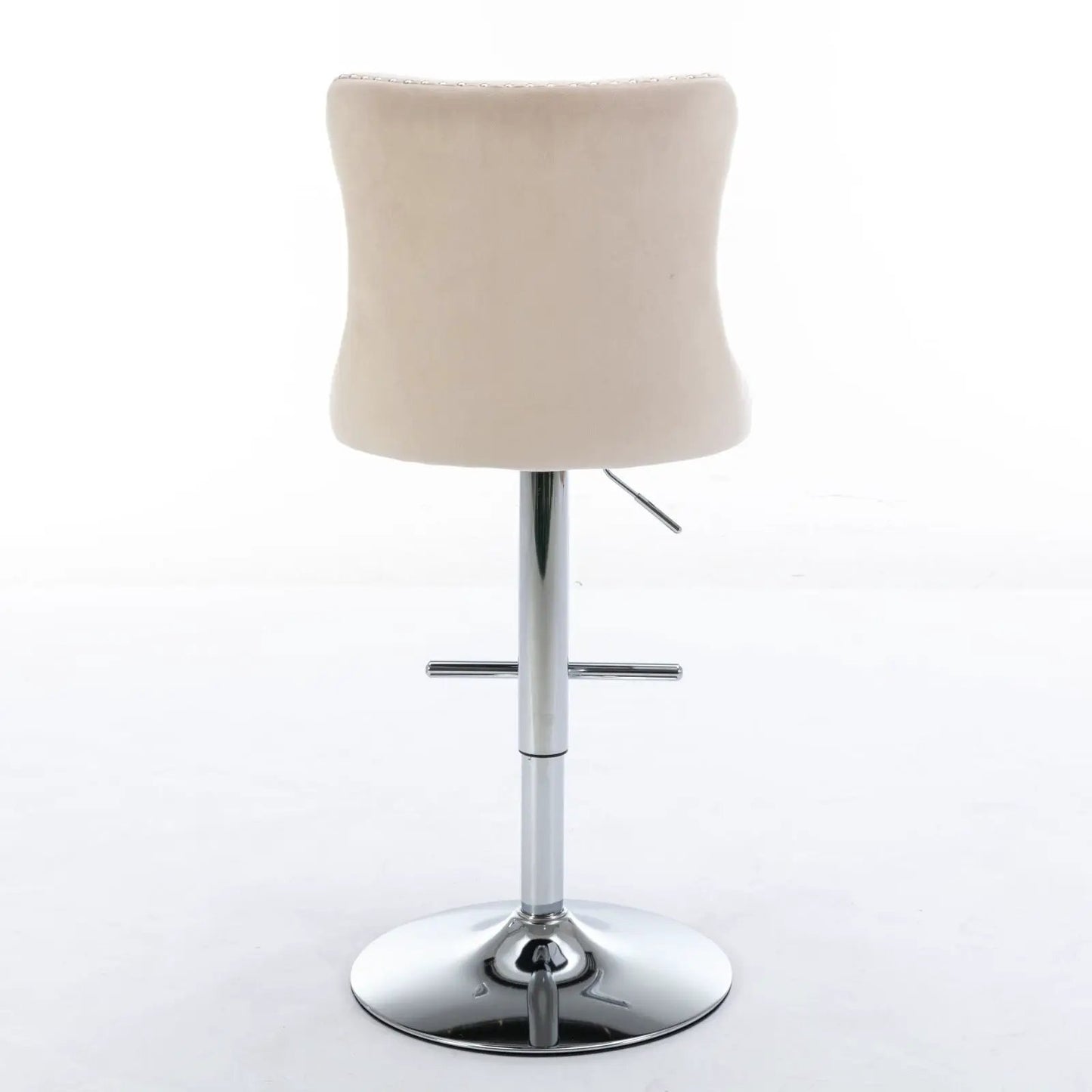 Beige upholstered swivel bar stool with curved back and chrome pedestal base on Tampa Home & Garden Store