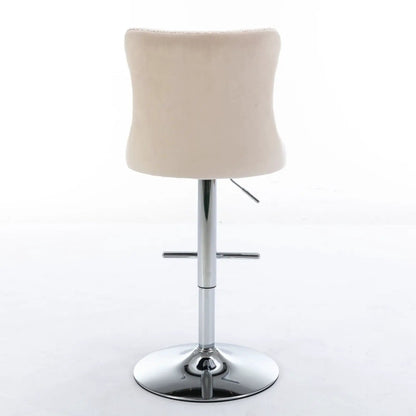 Beige upholstered swivel bar stool with curved back and chrome pedestal base on Tampa Home & Garden Store